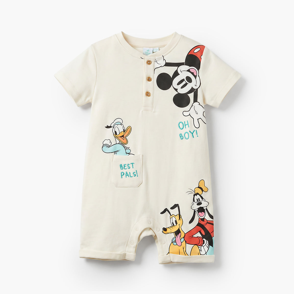 Disney Henley Neck Short Sleeves Romper with Mickey Mouse and Donald Duck Print