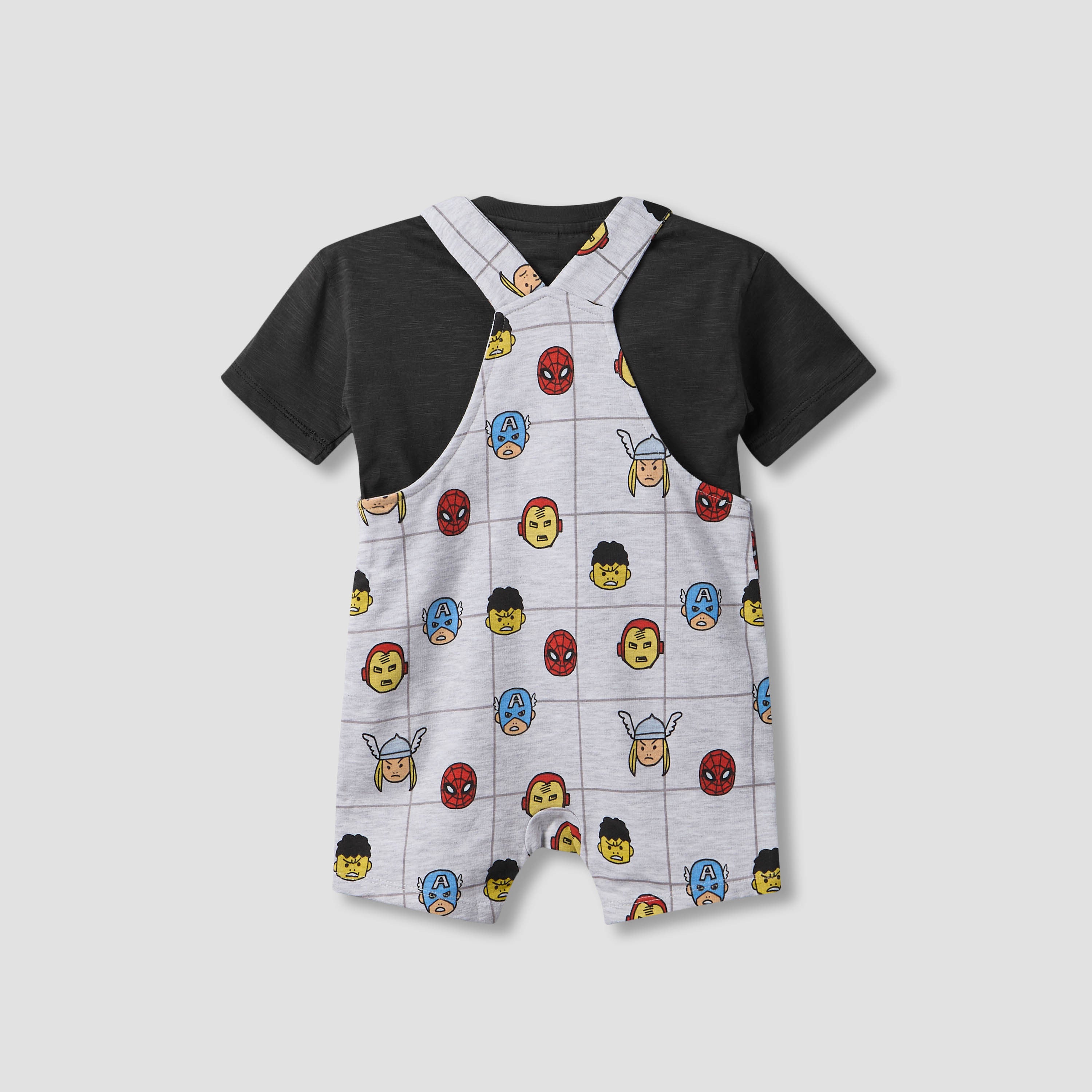 Crew Neck Short Sleeves T-shirt and Dungaree Set with Avengers Print