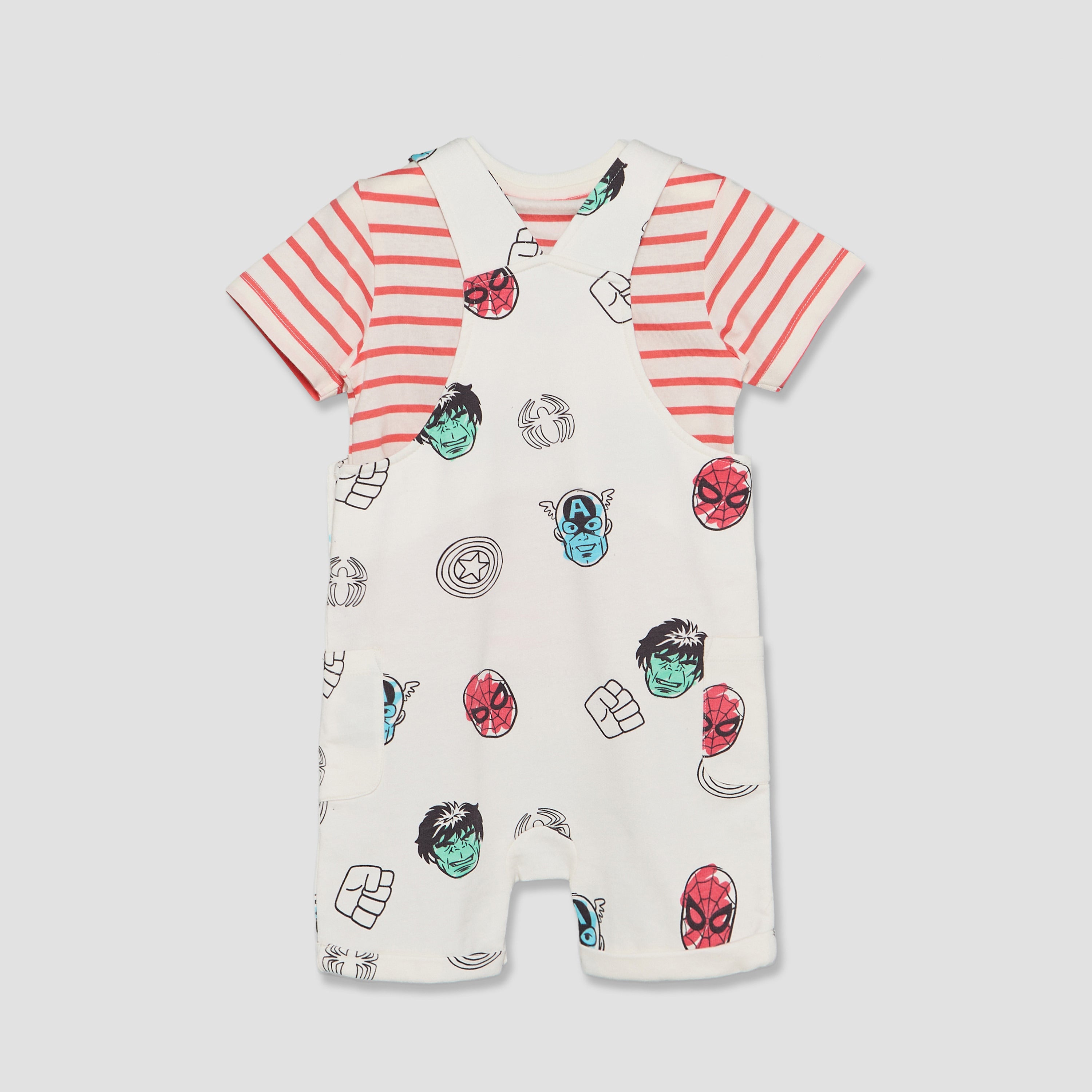Crew Neck Short Sleeves T-shirt and Dungaree Set with Avengers Print