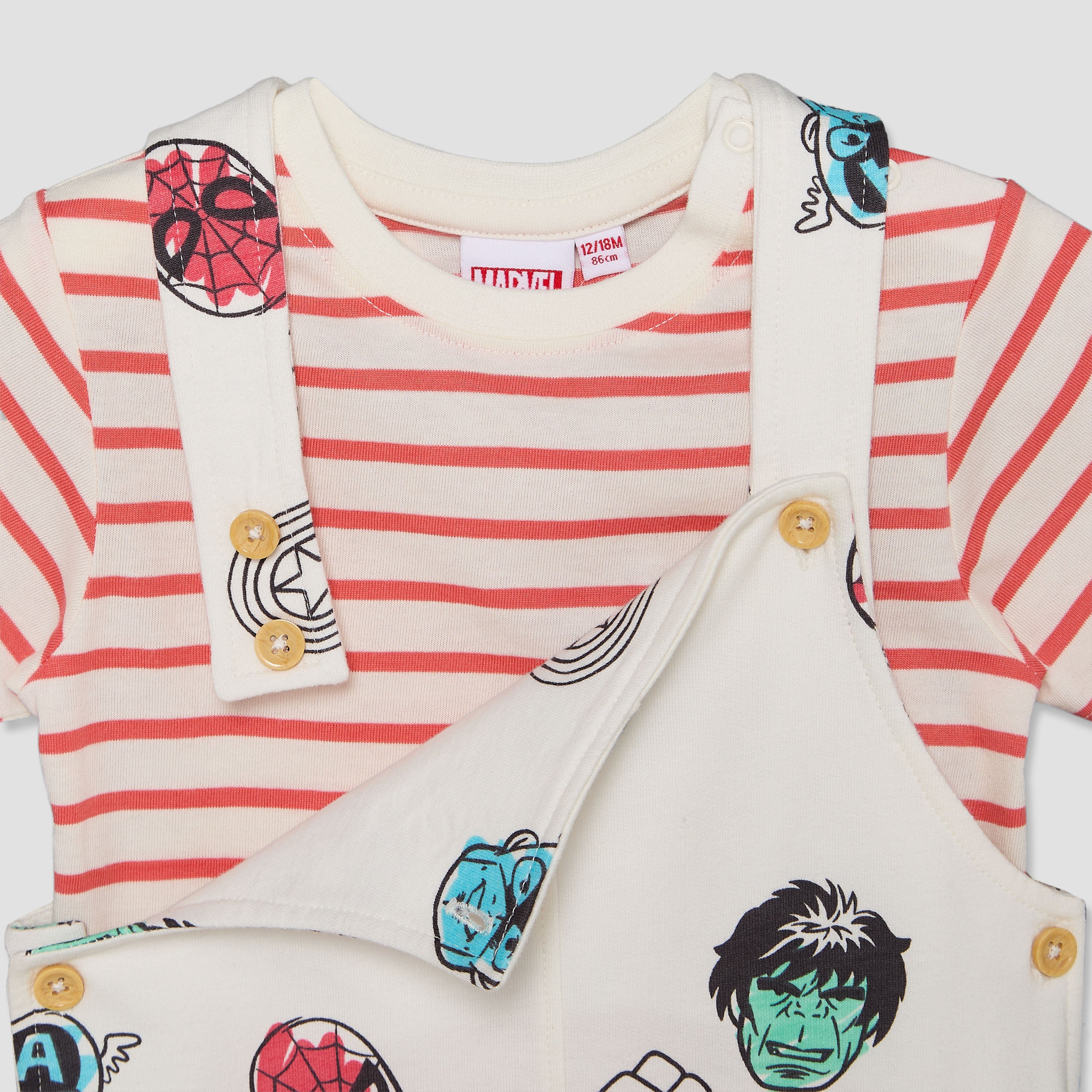Crew Neck Short Sleeves T-shirt and Dungaree Set with Avengers Print