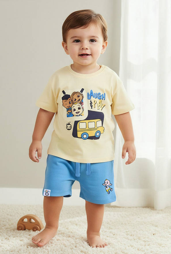 MoonBug Crew Neck Short Sleeves T-shirt and Shorts Set with Cocomelon Print