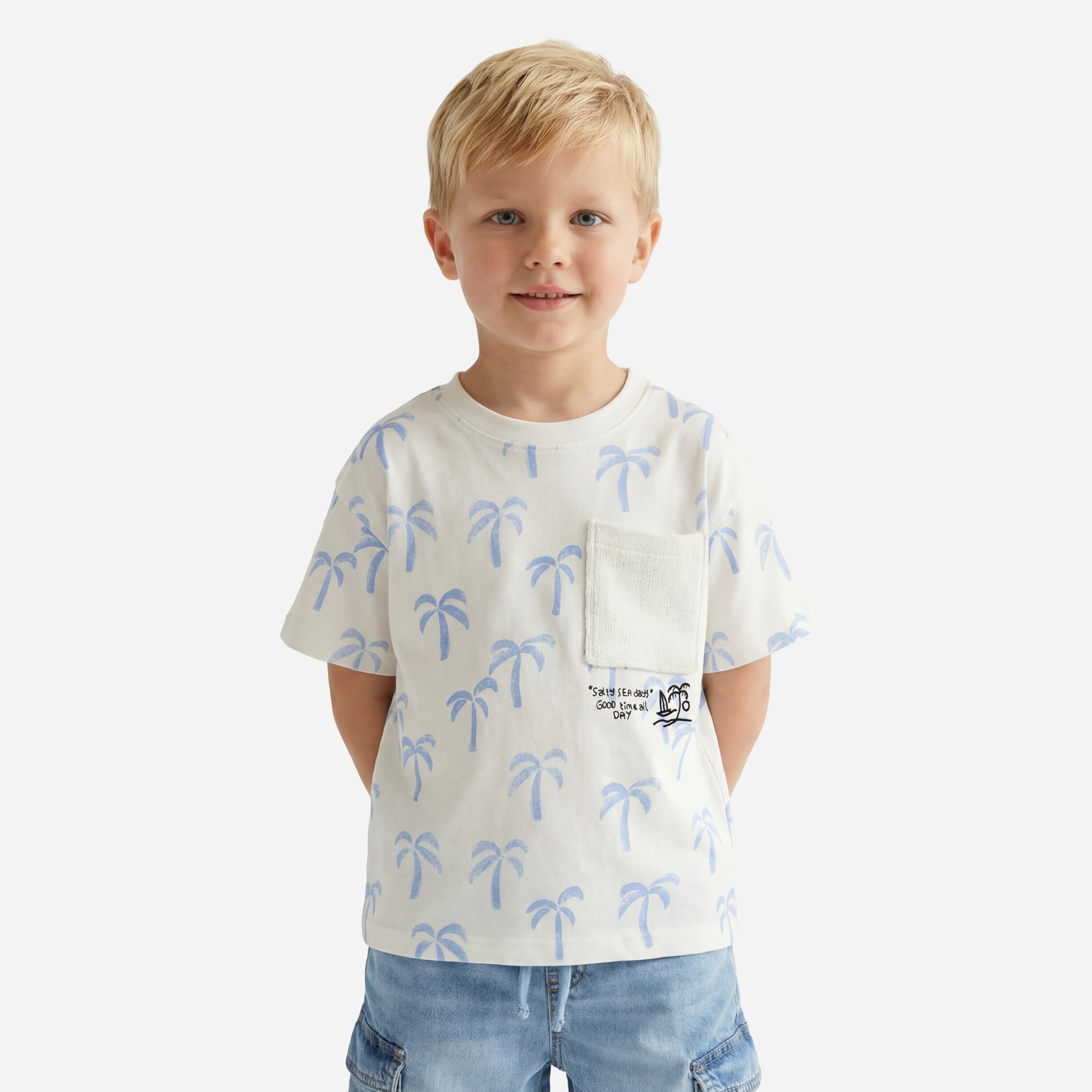 Juniors Crew Neck Short Sleeves T-shirt with Palm Tree Print - Cream / 1-2 yrs