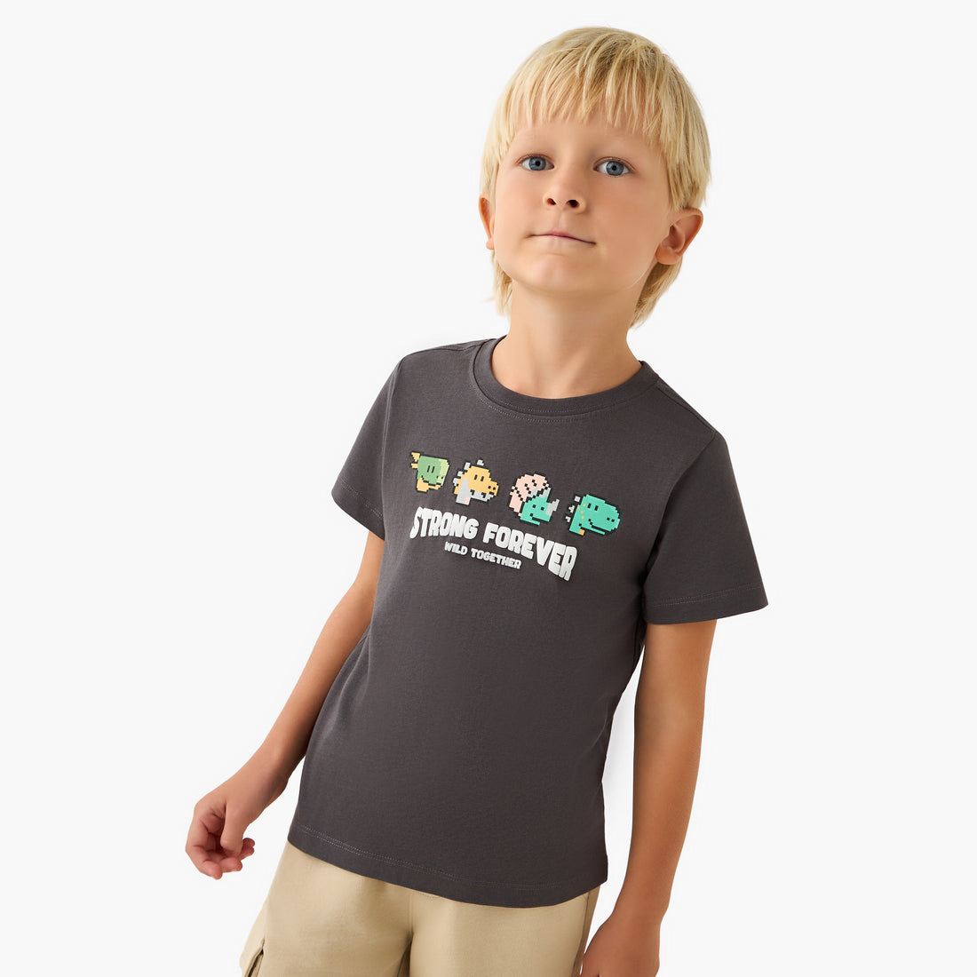 Juniors Crew Neck Short Sleeves T-shirt with Dinosaur Print - Grey / 1-2 yrs