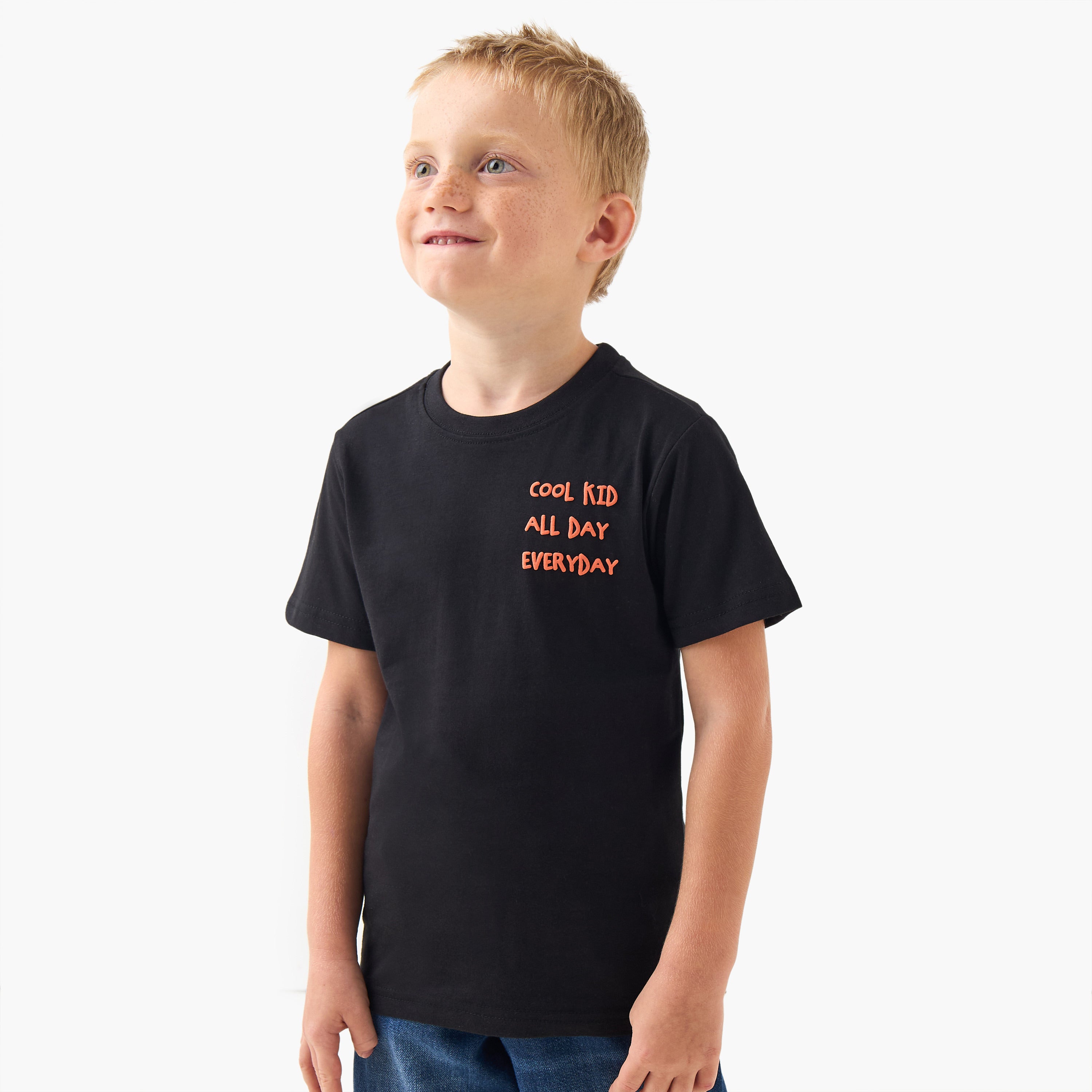 Juniors Boys Crew Neck T-shirt with Slogan Print - Cotton - Short Sleeves