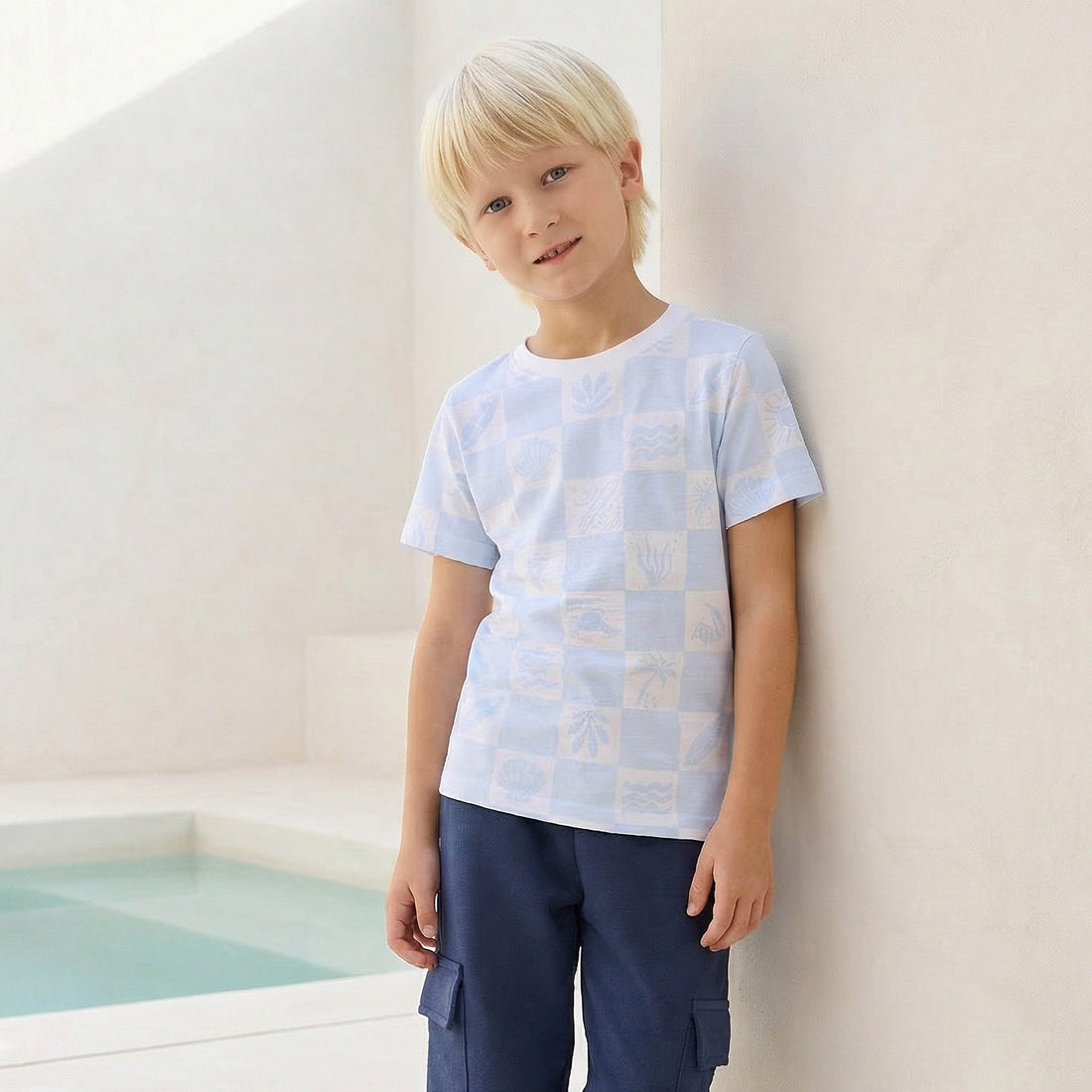 Juniors Crew Neck Short Sleeves T-shirt with Checked Print - Blue / 1-2 yrs