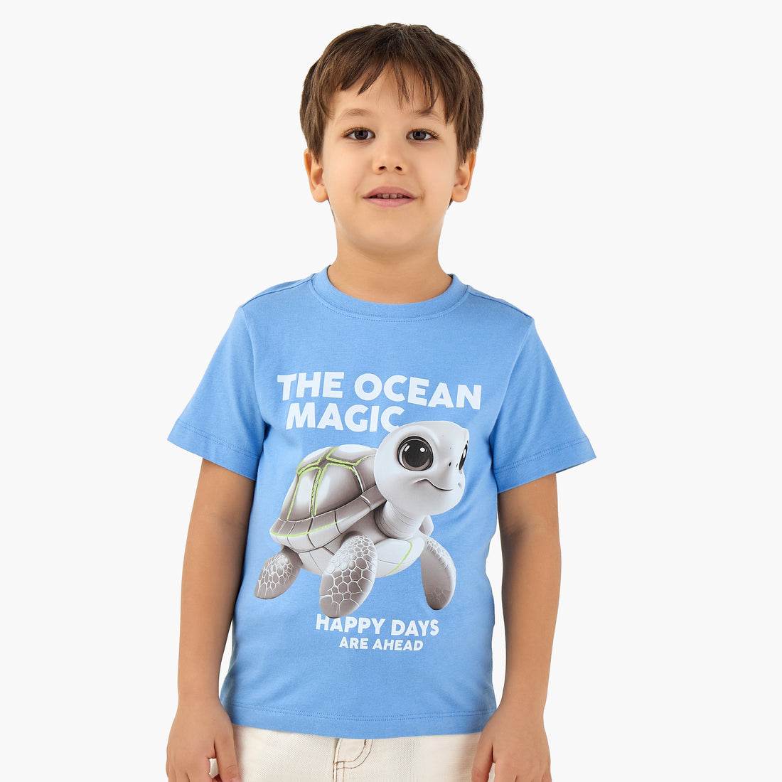 Juniors Crew Neck Short Sleeves T-shirt with Turtle Graphic Print - Blue / 1-2 yrs