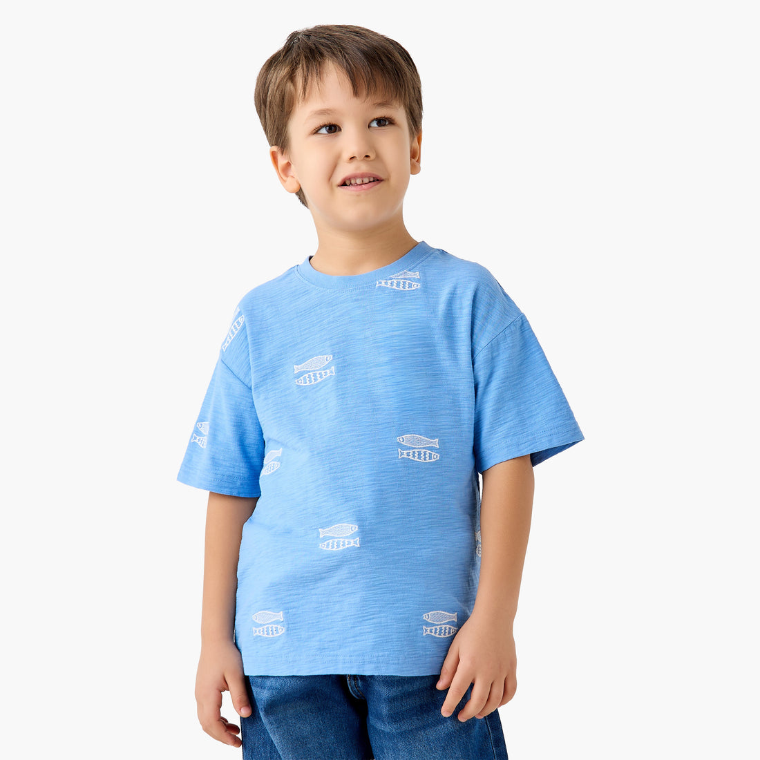 Juniors Crew Neck Short Sleeves T-shirt with Fish Embroidery - Blue / 1-2 yrs
