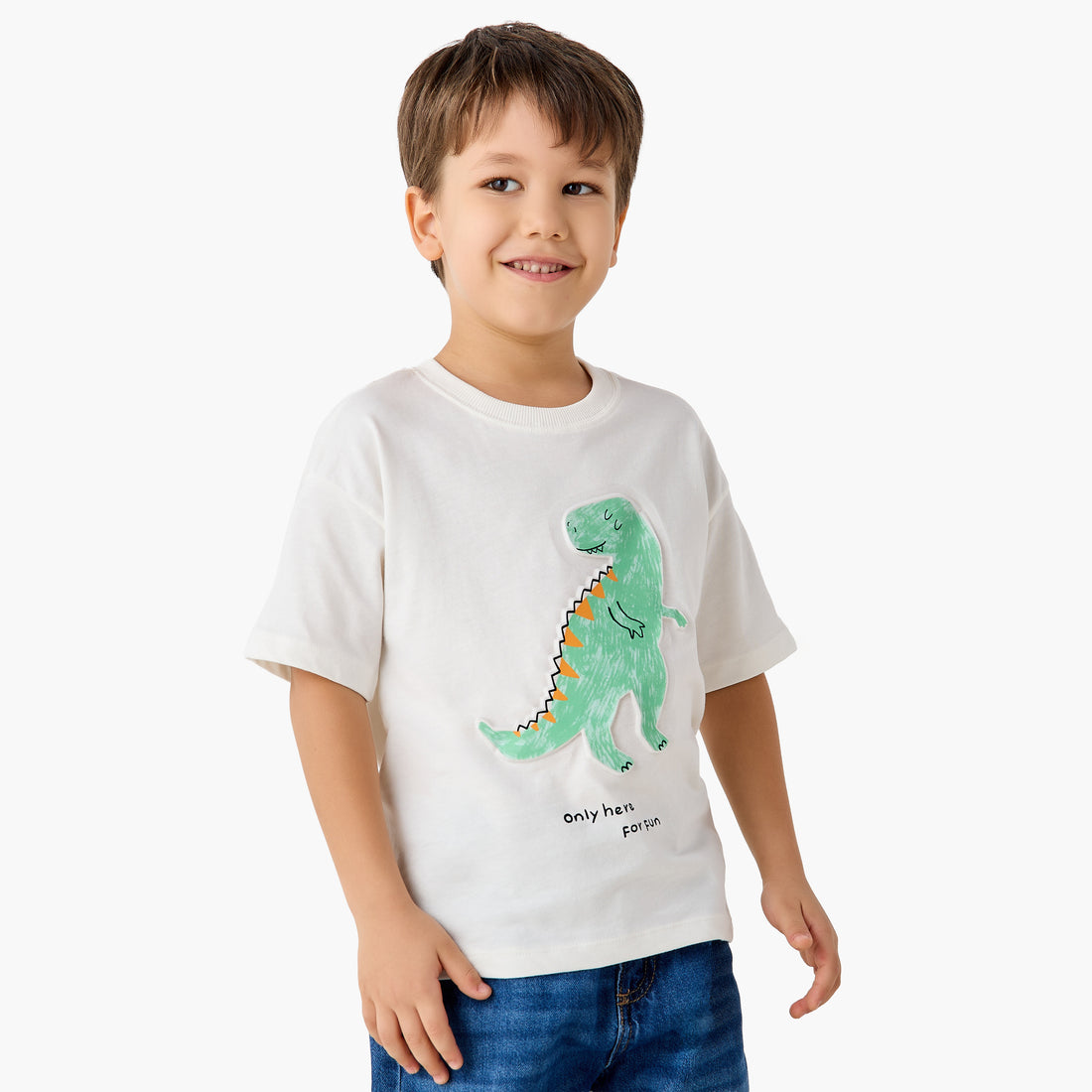 Juniors Crew Neck Short Sleeves T-shirt with Dinosaur Embossed - White / 1-2 yrs