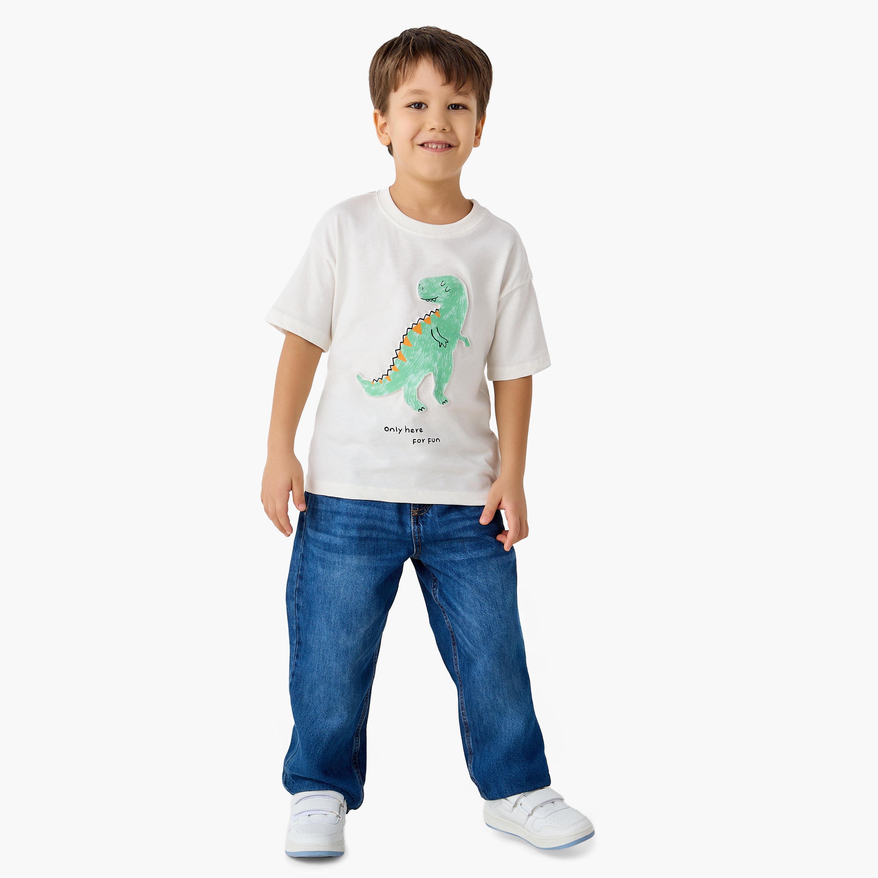 Juniors Crew Neck Short Sleeves T-shirt with Dinosaur Embossed