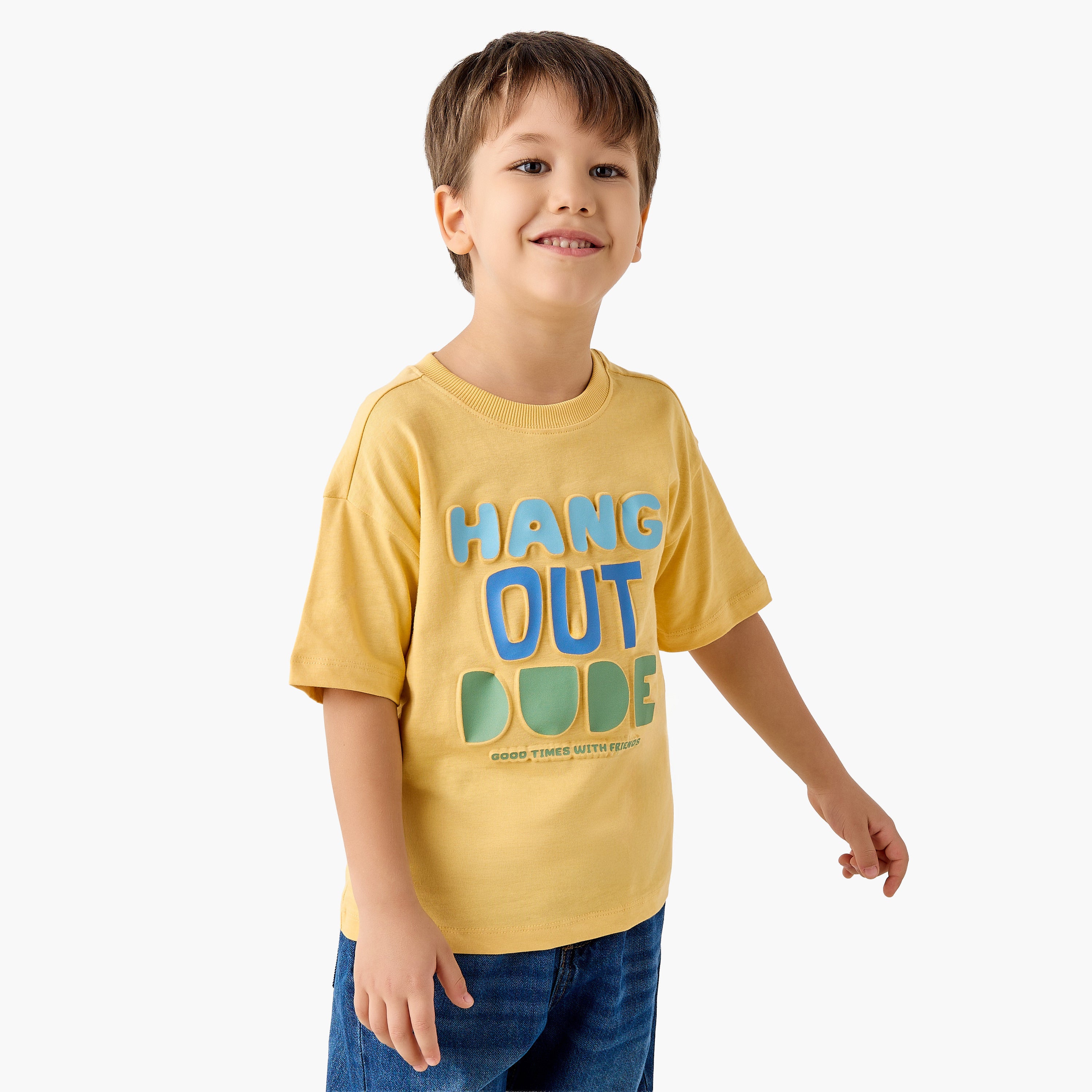 Juniors Crew Neck Short Sleeves T-shirt with Slogan Embossed - Yellow / 1-2 yrs