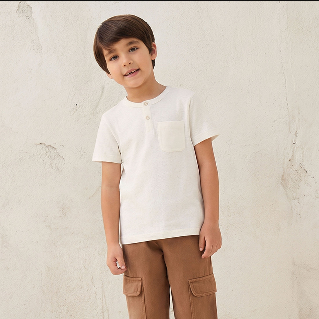 Juniors Henley Neck T-shirt with Pocket - Cotton - Short Sleeves - Beige / 1-2 yrs