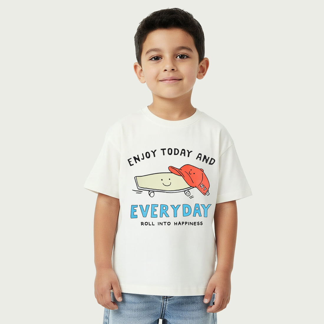 Juniors Crew Neck Short Sleeve T-shirt with Print - White / 1-2 yrs