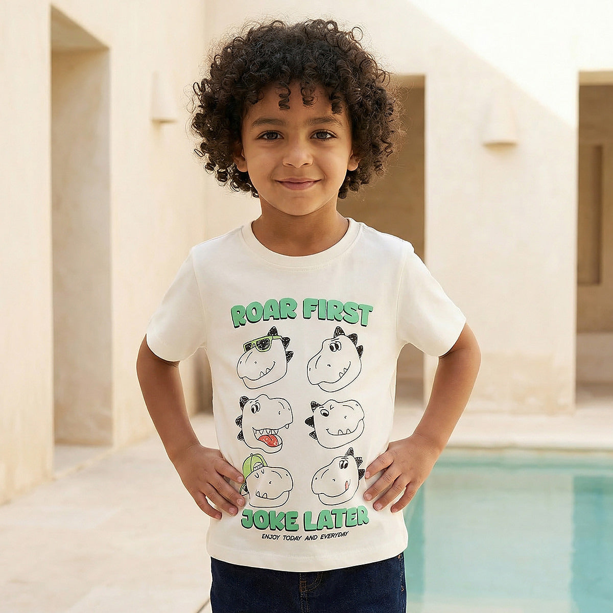 Juniors Crew Neck Short Sleeve T-shirt with Dinosaur Print - White / 1-2 yrs