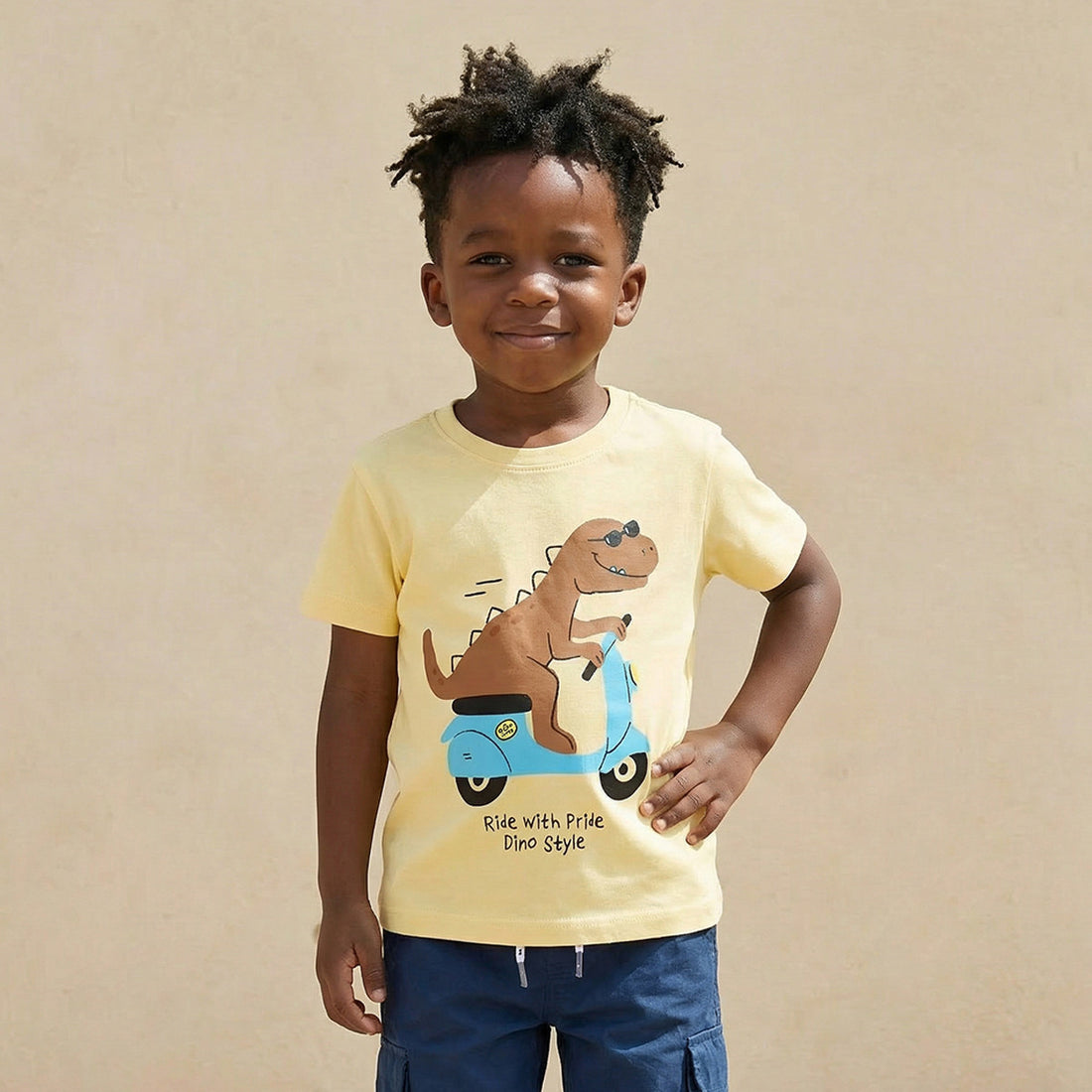 Juniors Crew Neck Short Sleeves T-shirt with Dinosaur Print - Yellow / 1-2 yrs