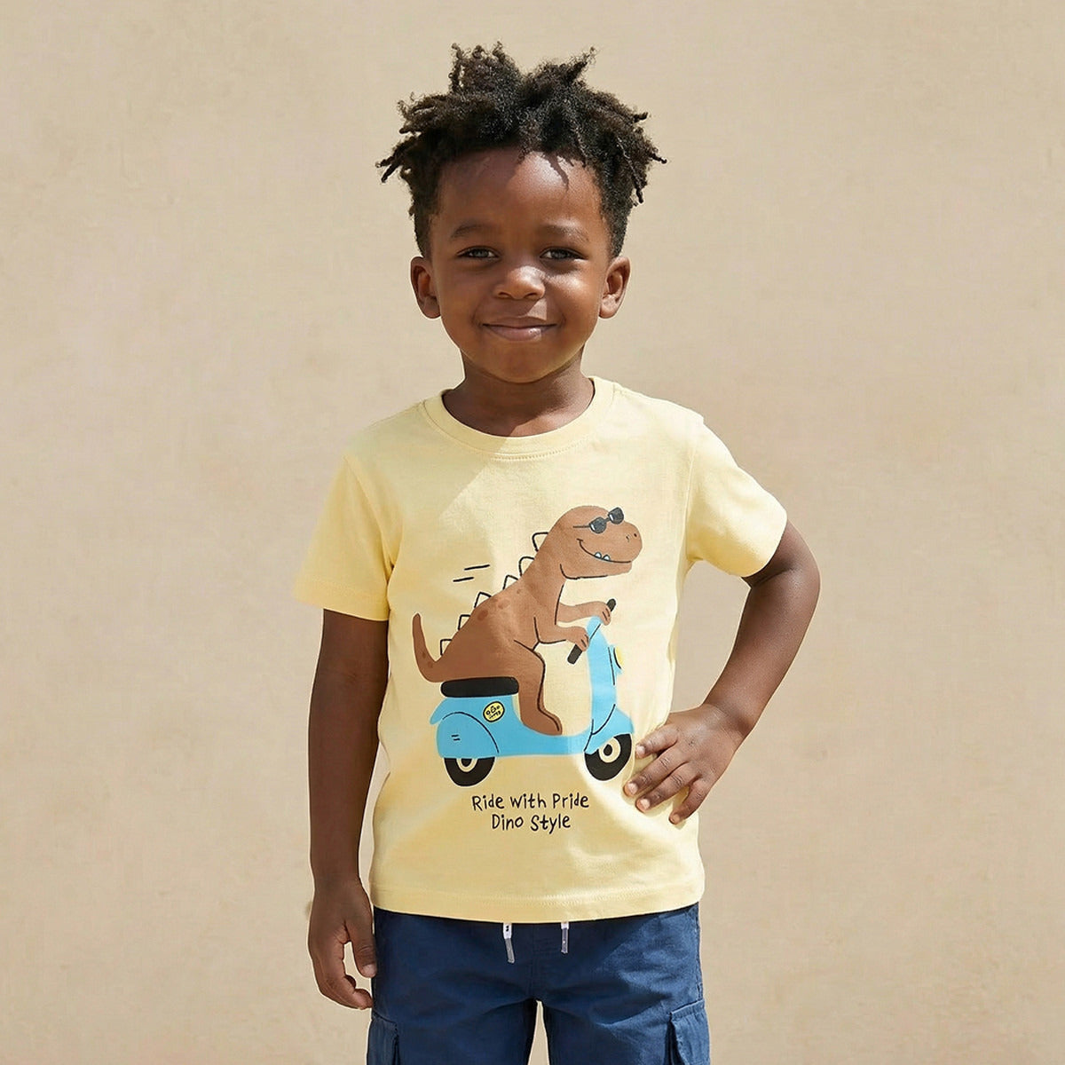Juniors Crew Neck Short Sleeves T-shirt with Dinosaur Print - Yellow / 1-2 yrs