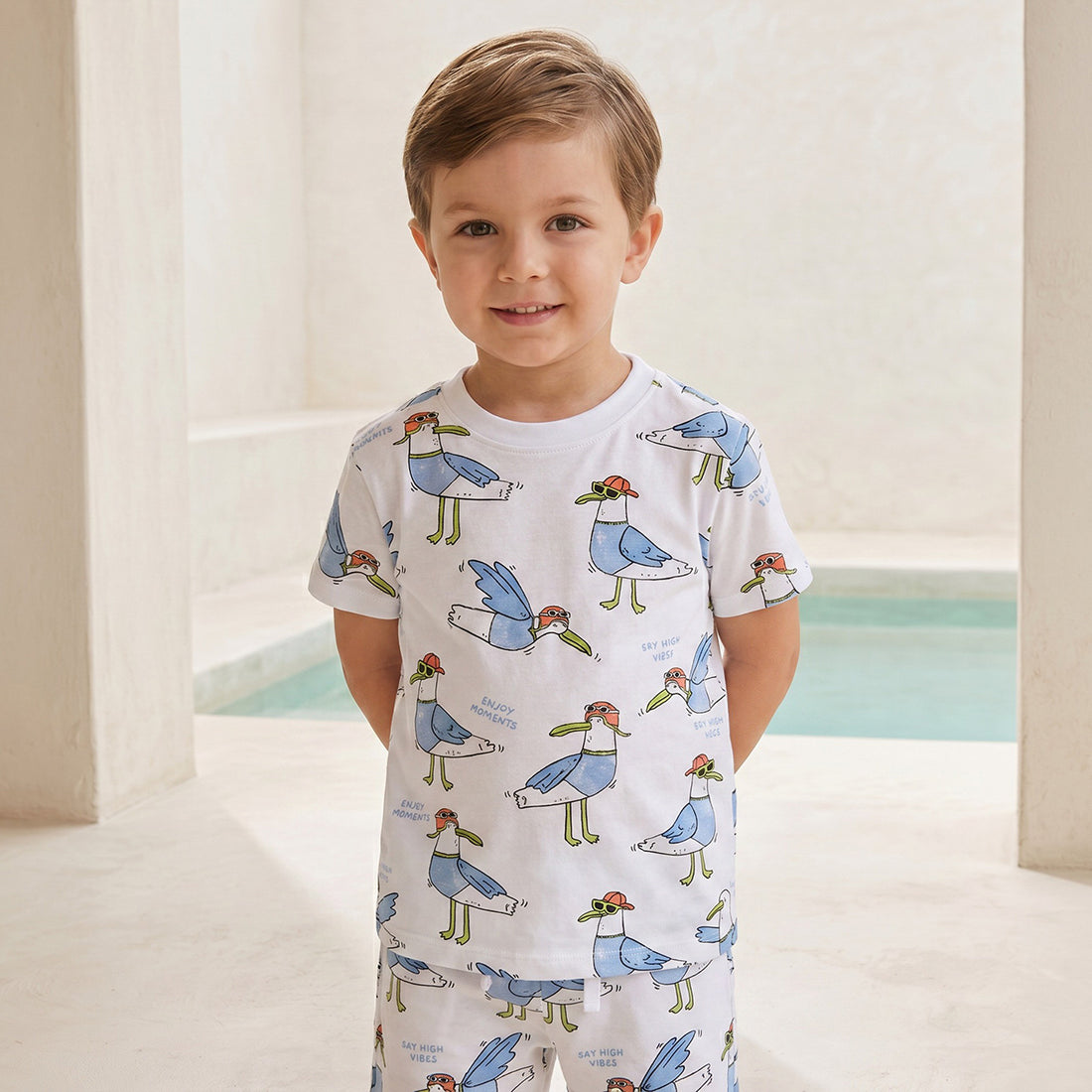 Juniors Crew Neck Short Sleeves T-shirt with Seagull Print - White / 1-2 yrs