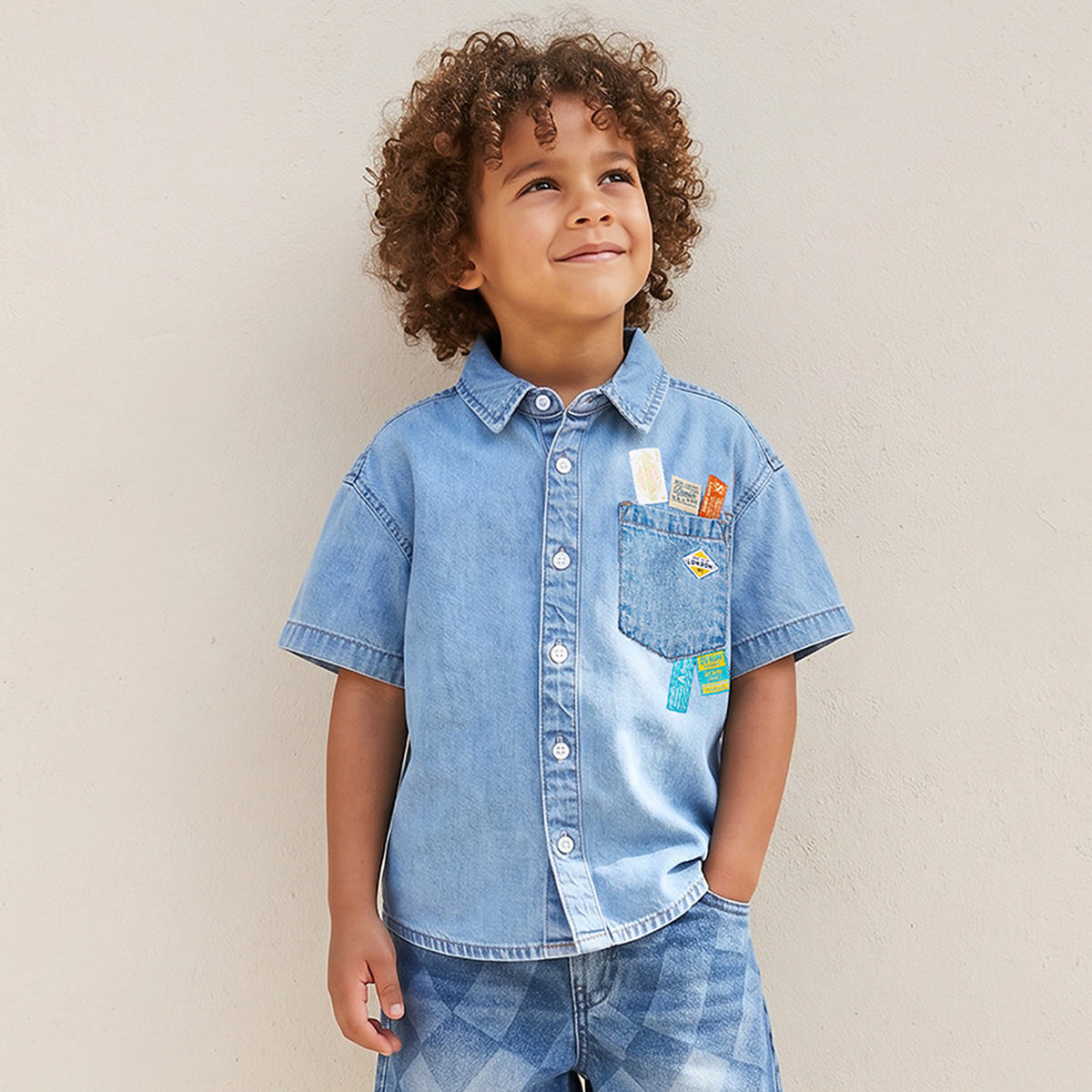 Juniors Short Sleeves Denim Shirt with Applique Detail