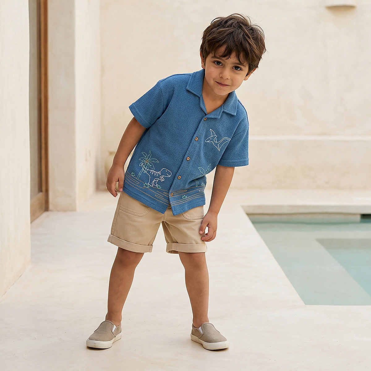 Juniors Short Sleeves Shirt with Dinosaur Embroidery