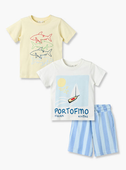 Set of 3 Juniors Crew Neck Short Sleeve T-shirt and Shorts Set with Nautical Print-boys-clothing-setsandcoords-image-1
