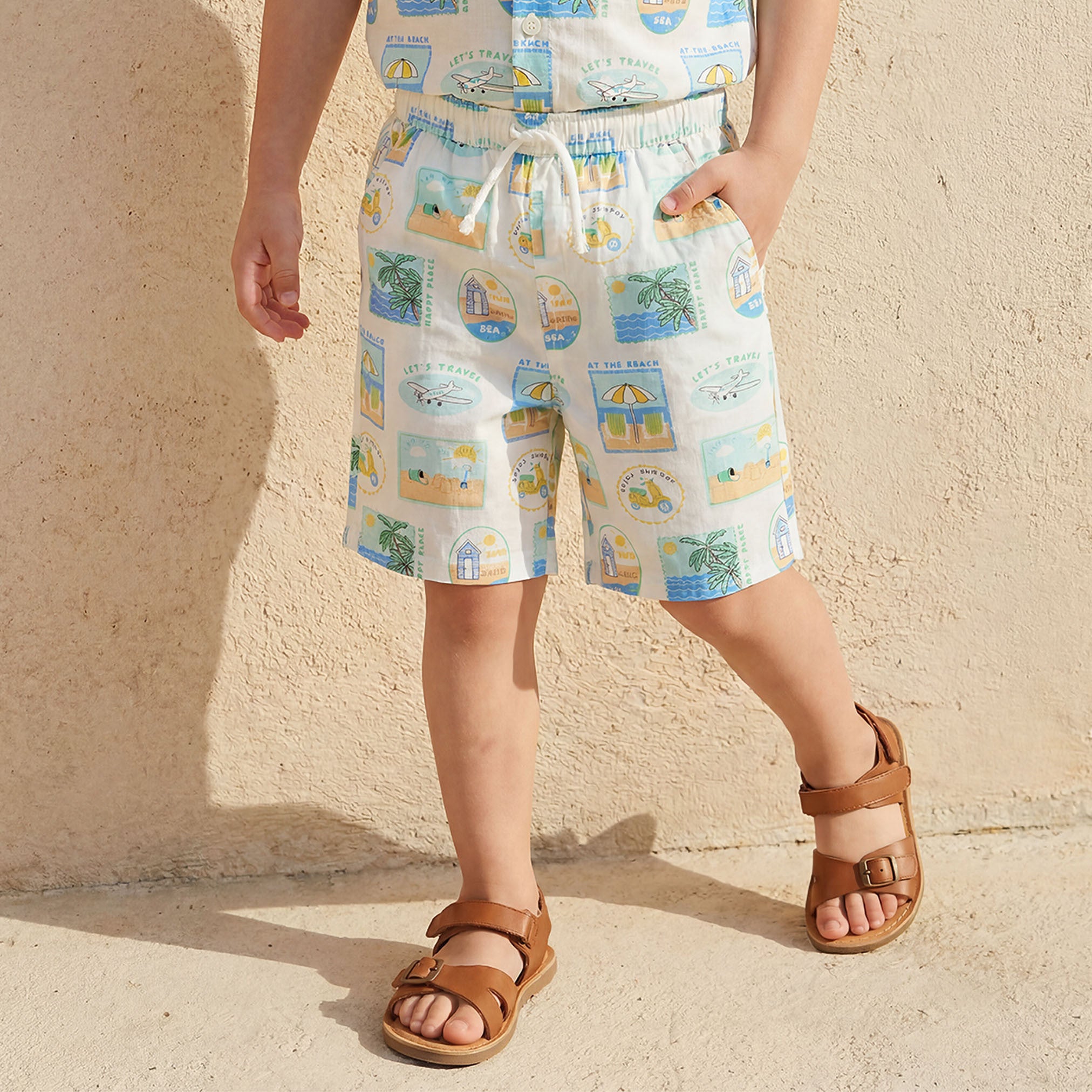 Juniors Camp Collar Short Sleeve Shirt and Shorts Set with Beach Vacation Print