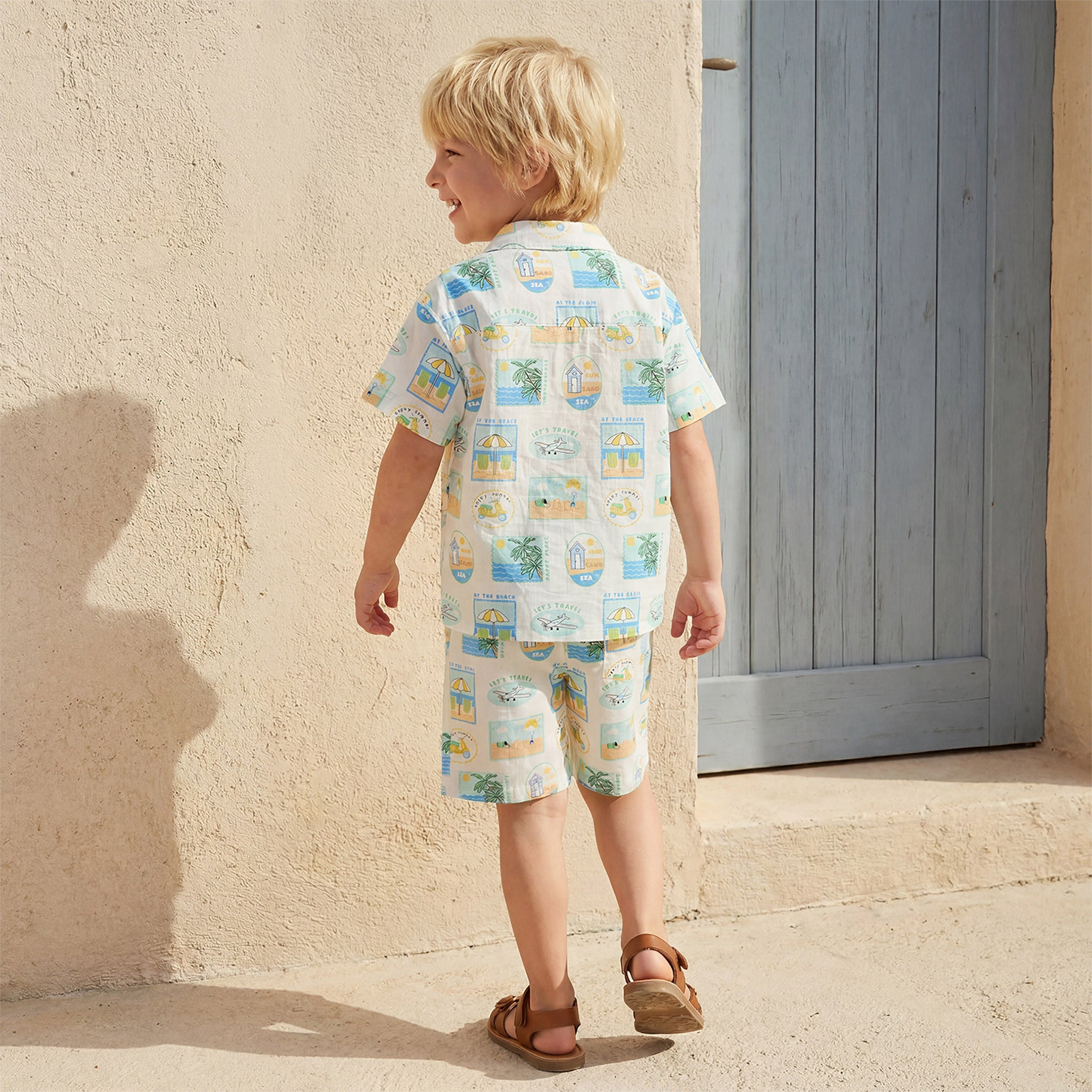 Juniors Camp Collar Short Sleeve Shirt and Shorts Set with Beach Vacation Print