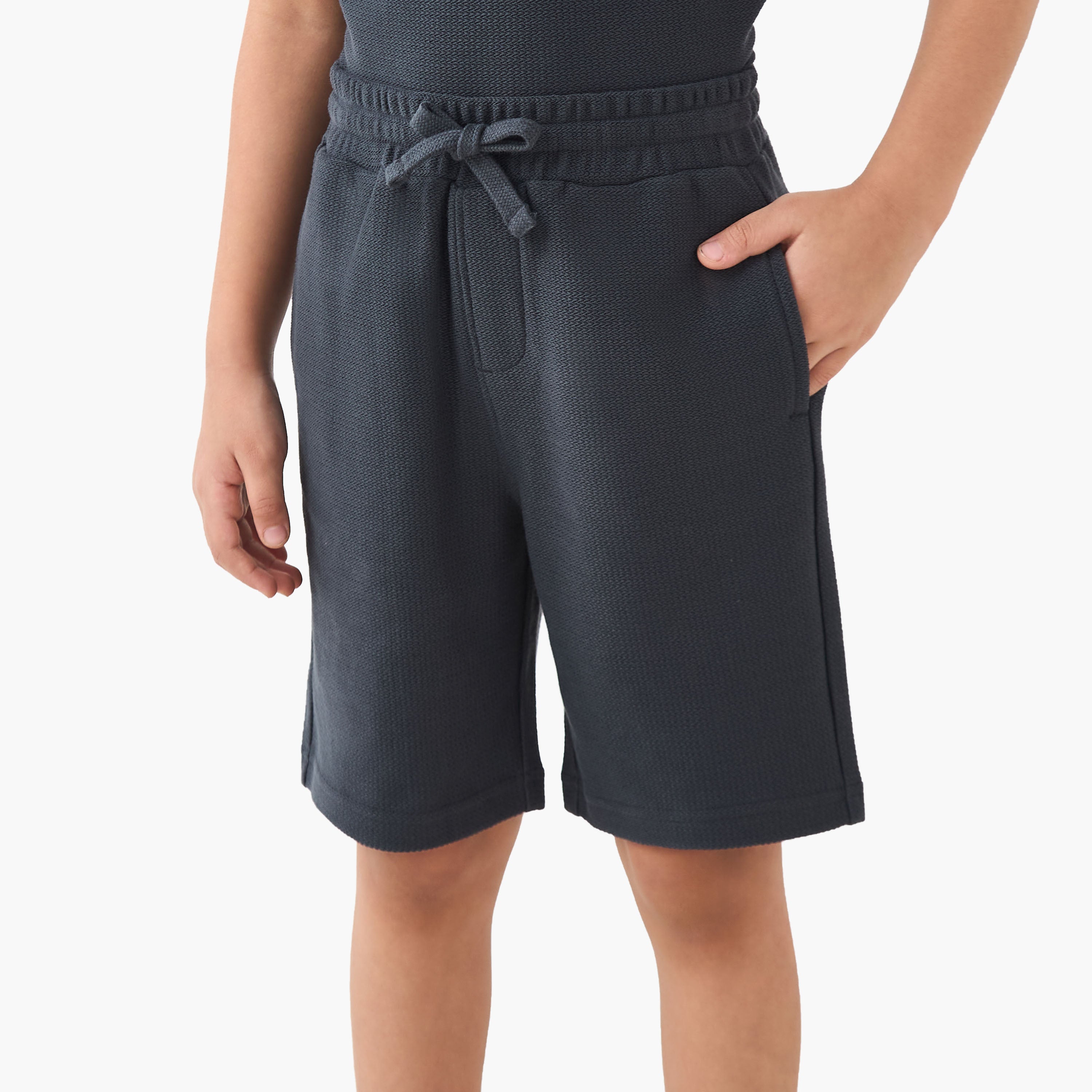 Juniors Boys T-shirt and Shorts Set with Textured Detail - Cotton - Short Sleeves - Crew Neck