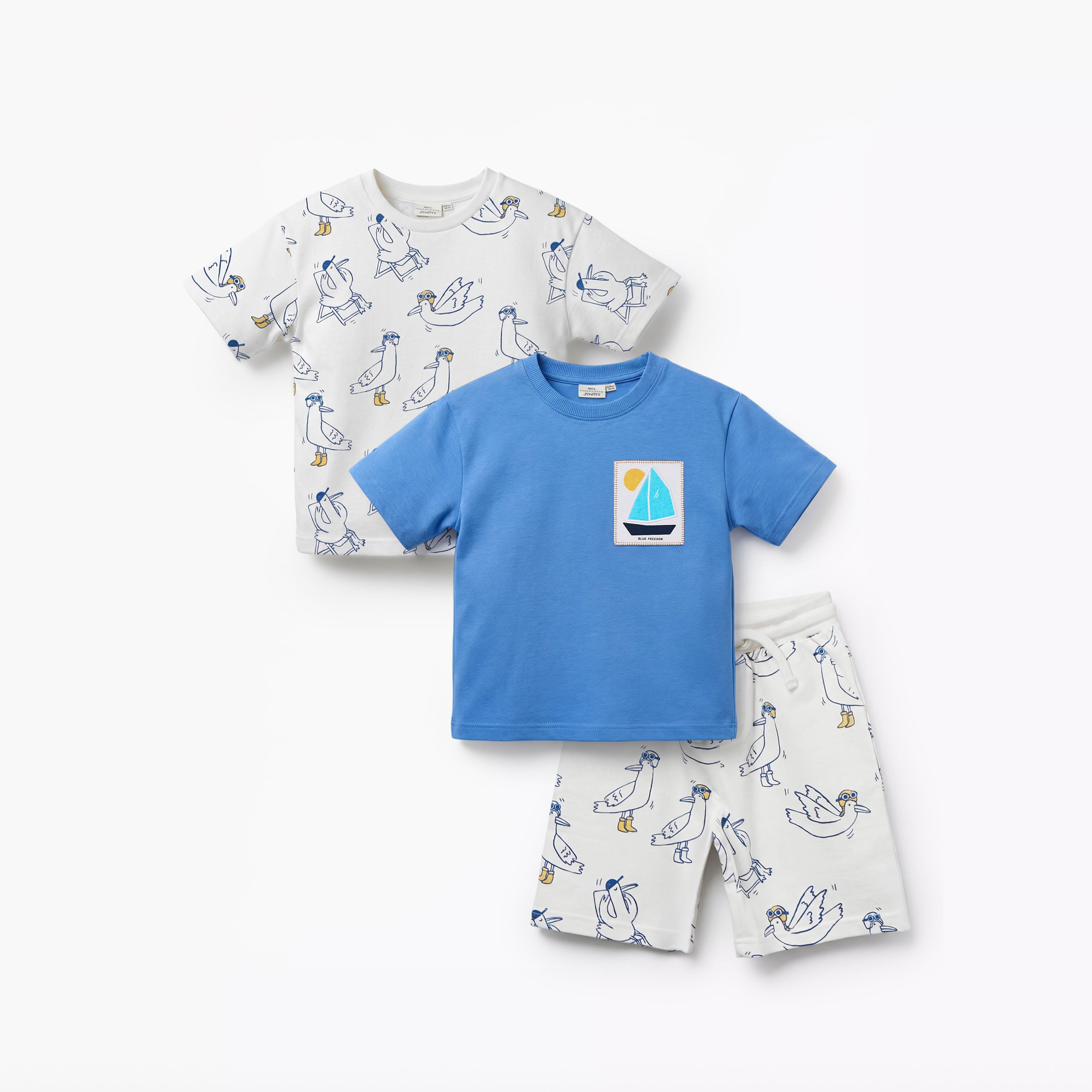 Set of 3 Juniors Crew Neck Short Sleeve T-shirt and Shorts Set with Drawstring Closure - Multicolour / 1-2 yrs