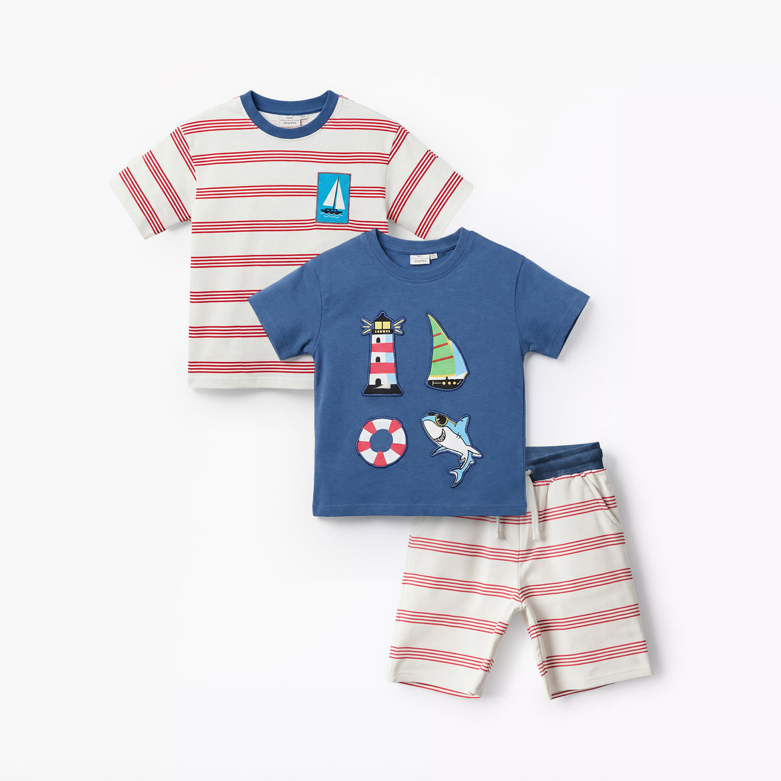 Set of 3 Juniors Crew Neck Short Sleeve T-shirt and Shorts Set with Applique Accent - Multicolour / 6-7 yrs
