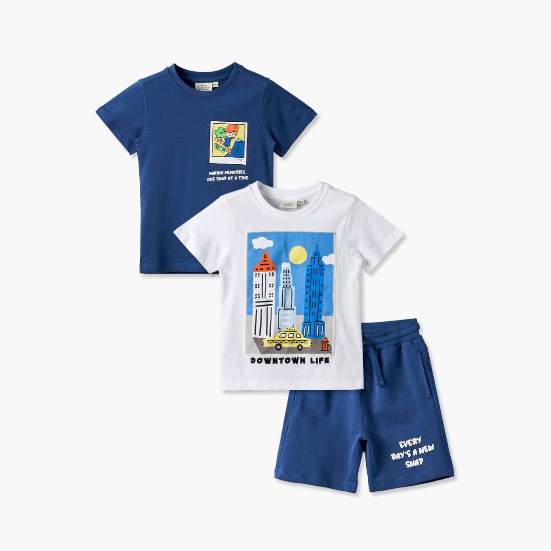 Set of 3 Juniors Crew Neck Short Sleeve T-shirt and Shorts Set with Graphic Print - Blue / 3-4 yrs