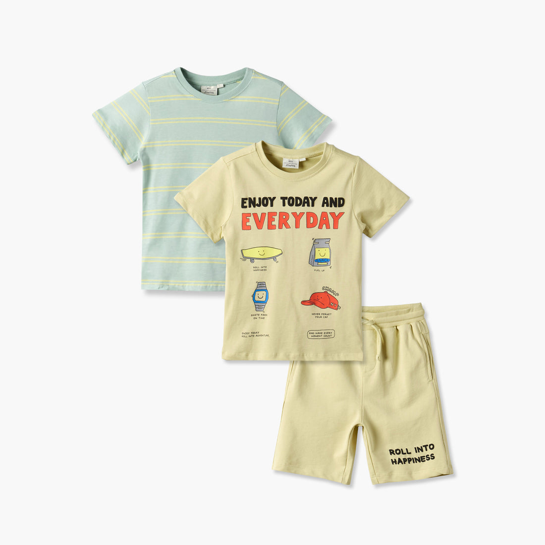 Set of 3 Juniors Crew Neck Short Sleeve T-shirt and Shorts Set with Assorted Print - Yellow / 4-5 yrs