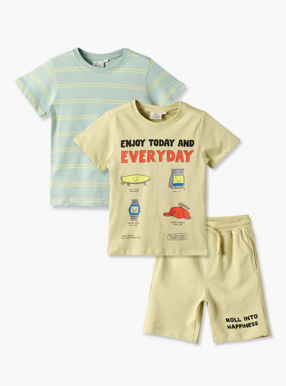 Set of 3 Juniors Crew Neck Short Sleeve T-shirt and Shorts Set with Assorted Print-boys-clothing-setsandcoords-image-1