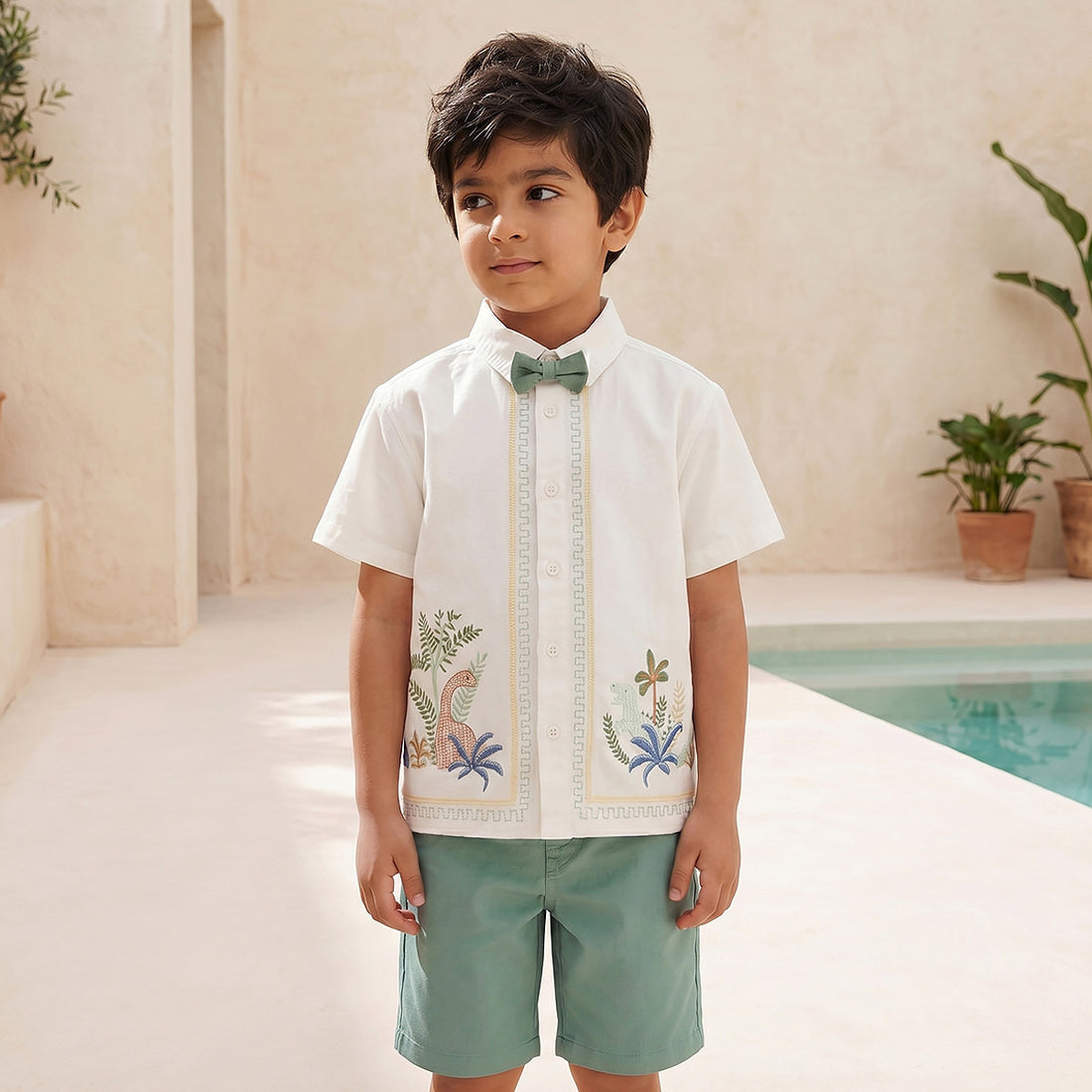Juniors Collared Short Sleeves Shirt and Shorts Set with Embroidery - White / 6-7 yrs