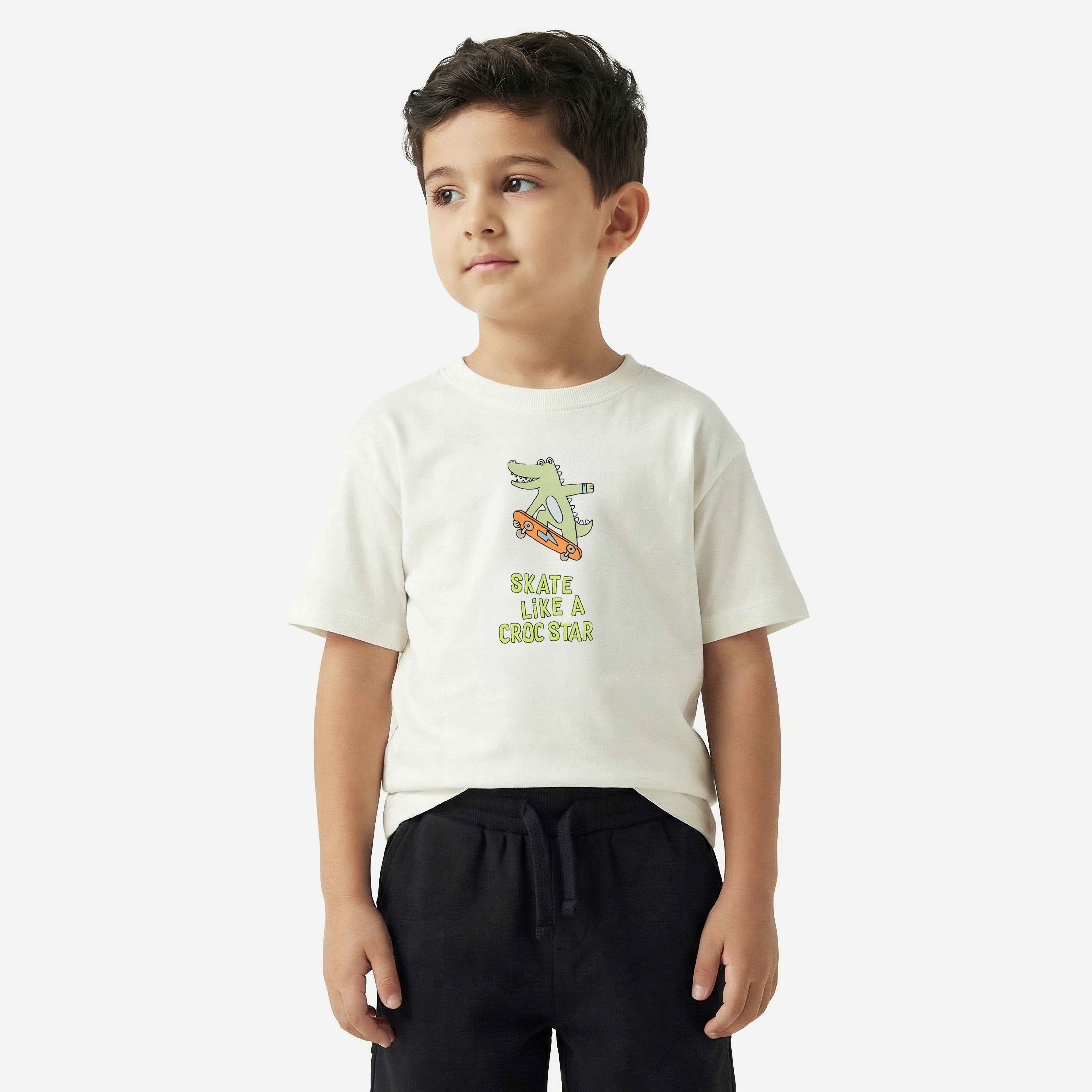 Juniors Crew Neck Short Sleeves T-shirt and Shorts Set with Crocodile Embroidery