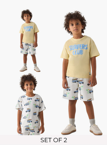 Set of 3 Juniors Crew Neck Short Sleeves T-shirt and Shorts Set with Vehicle Print-boys-clothing-setsandcoords-image-1