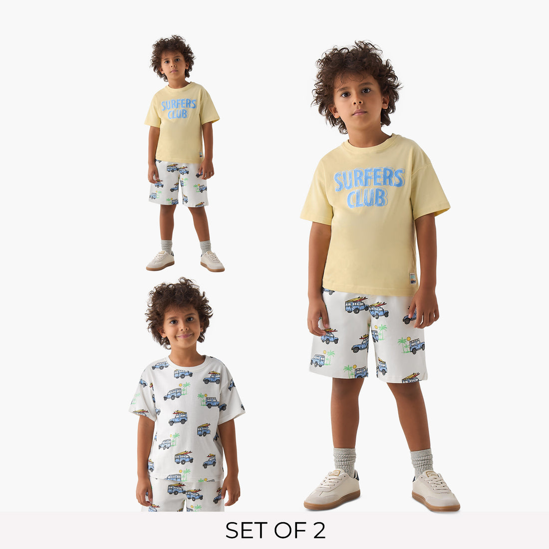 Set of 3 Juniors Crew Neck Short Sleeves T-shirt and Shorts Set with Vehicle Print - Multicolour / 1-2 yrs