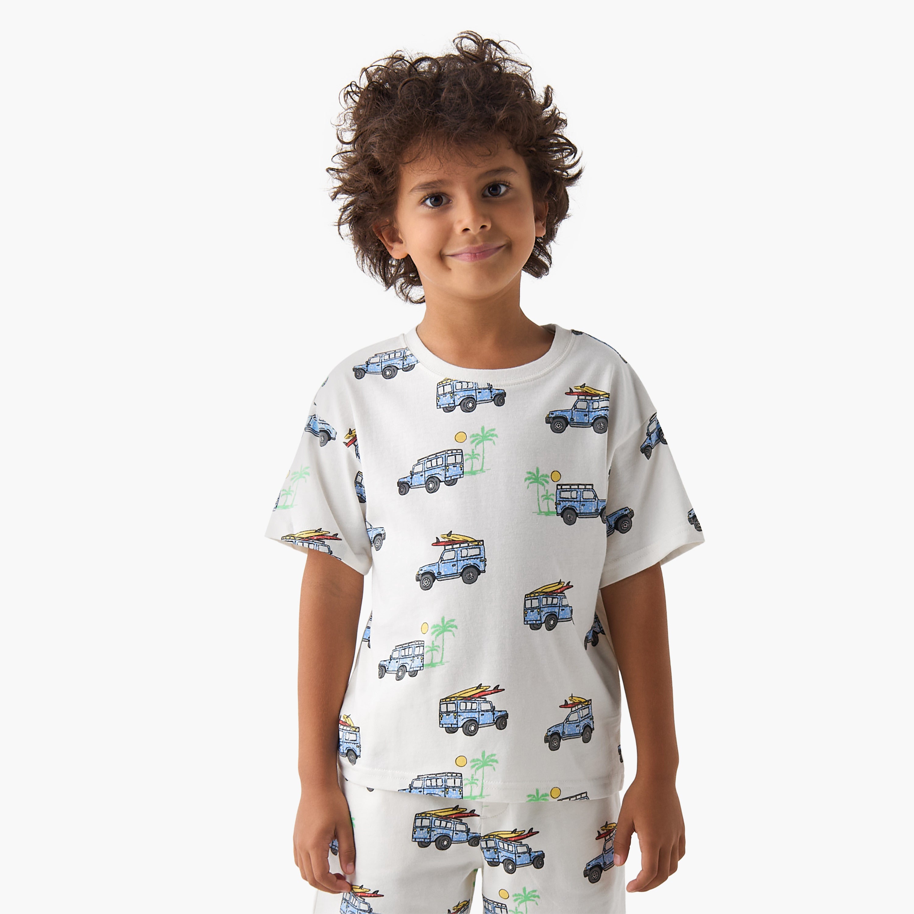 Set of 3 Juniors Crew Neck Short Sleeves T-shirt and Shorts Set with Vehicle Print