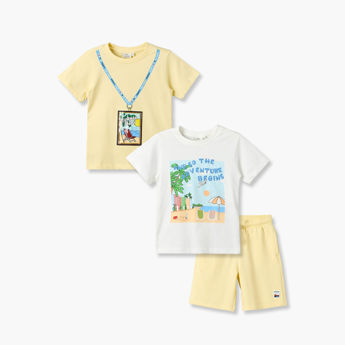 Set of 3 Juniors Crew Neck Short Sleeve T-shirt and Shorts Set with Beach Print - Yellow / 4-5 yrs