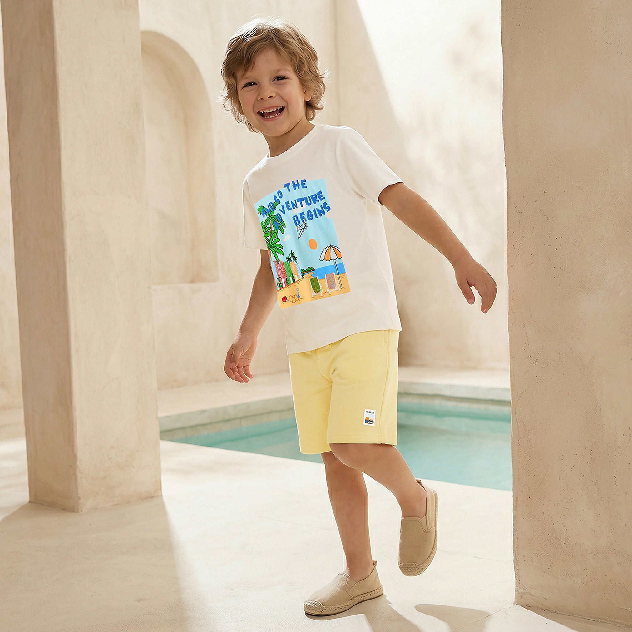 Set of 3 Juniors Crew Neck Short Sleeve T-shirt and Shorts Set with Beach Print