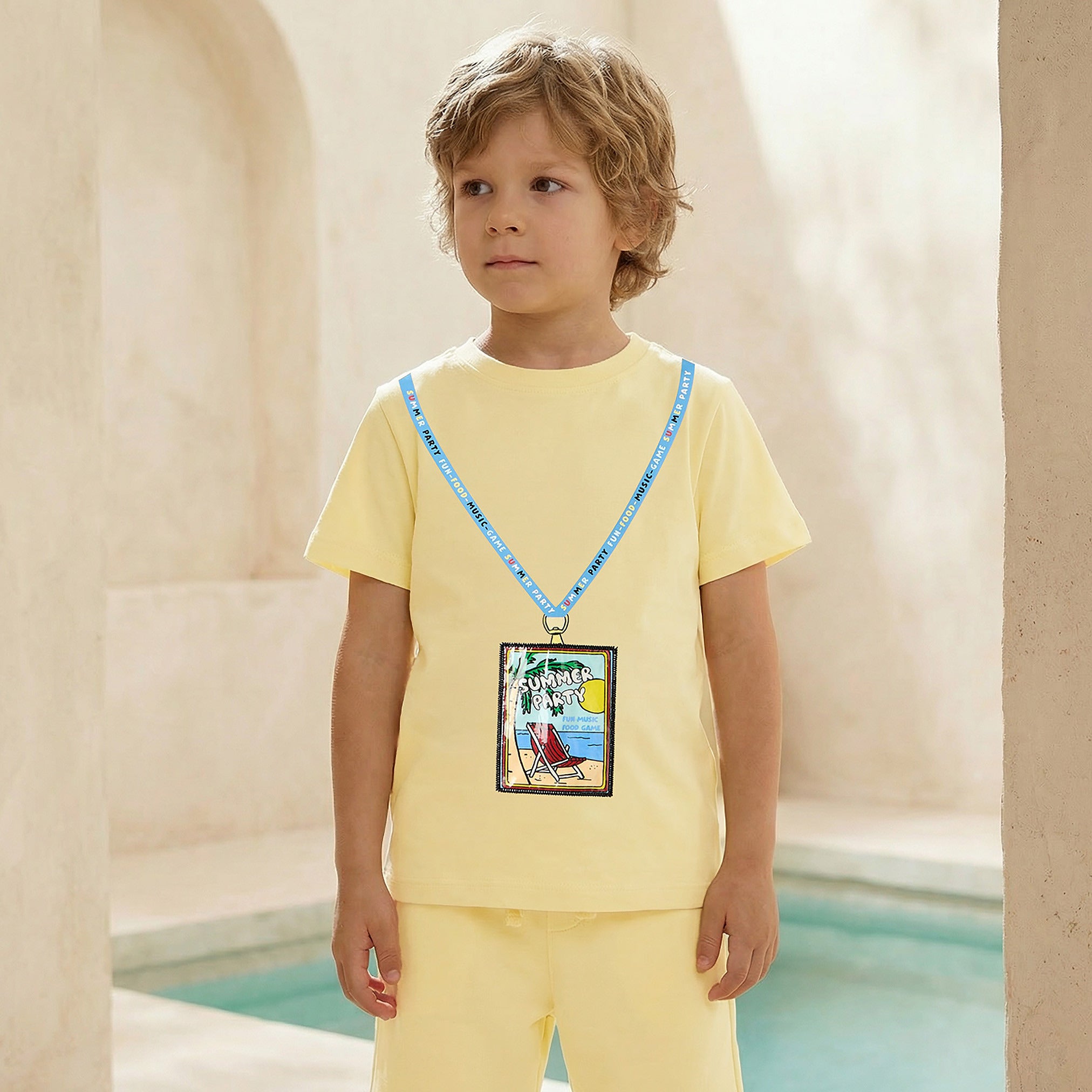 Set of 3 Juniors Crew Neck Short Sleeve T-shirt and Shorts Set with Beach Print