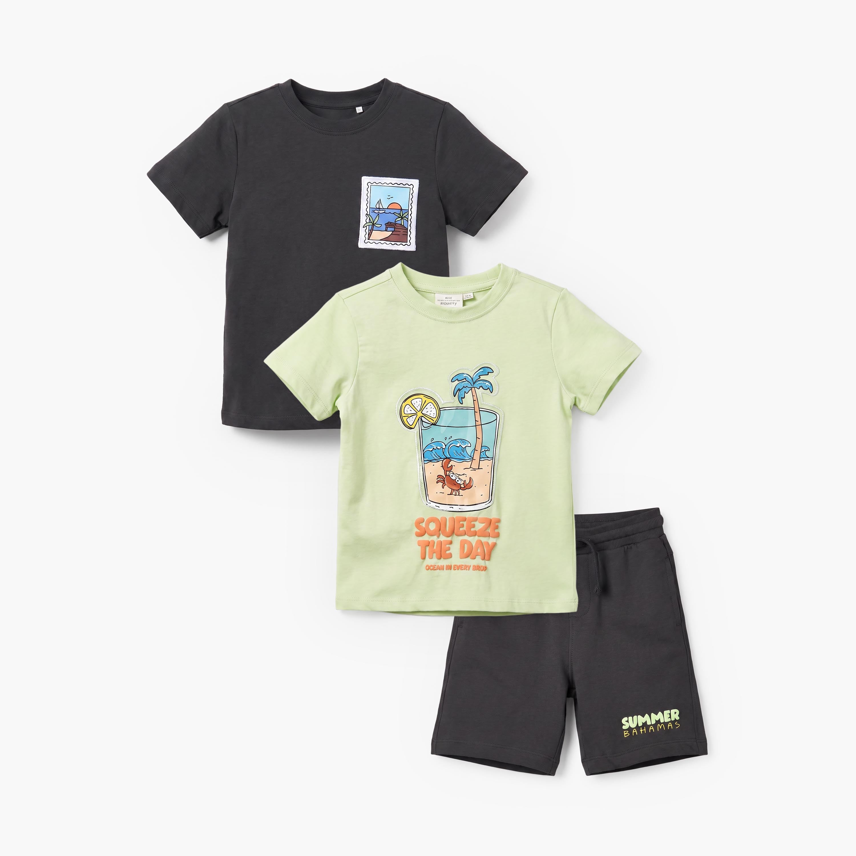 Set of 3 Juniors Crew Neck Short Sleeves T-shirt and Shorts Set with Print - Grey / 6-7 yrs