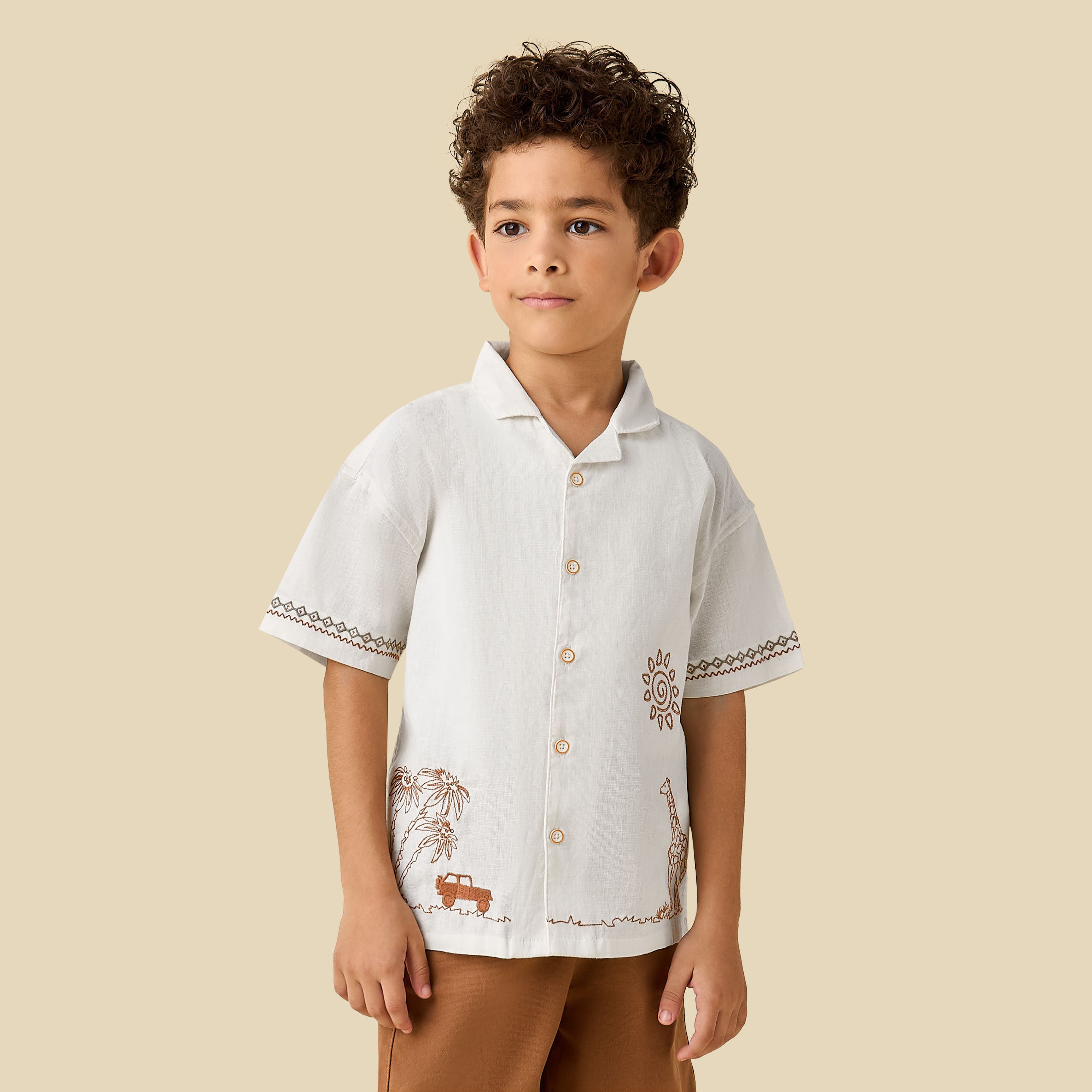 Juniors Collared Short Sleeve Shirt and Shorts Set with Embroidery