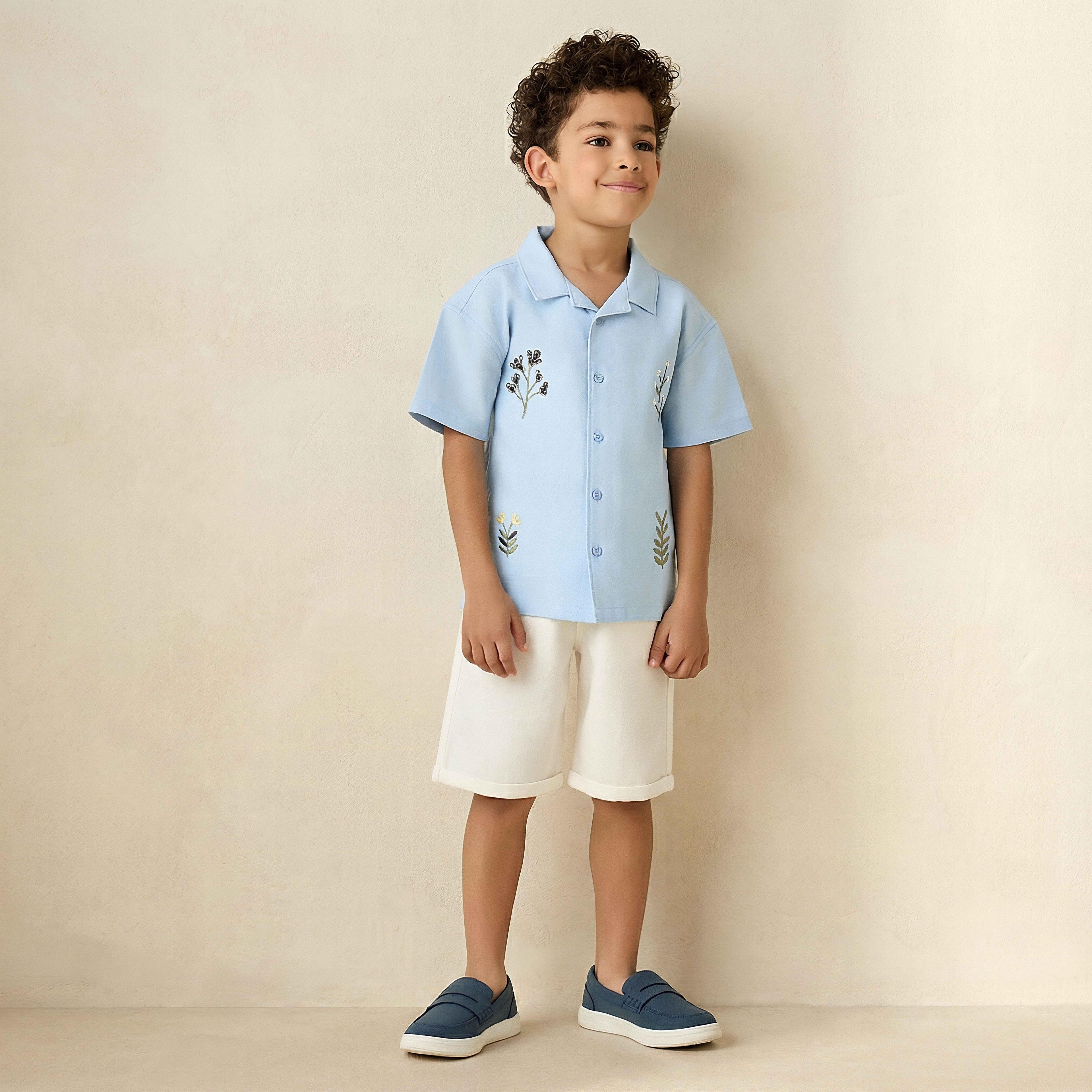 Juniors Camp Collar Short Sleeve Shirt and Shorts Set with Embroidery - Multicolour / 1-2 yrs