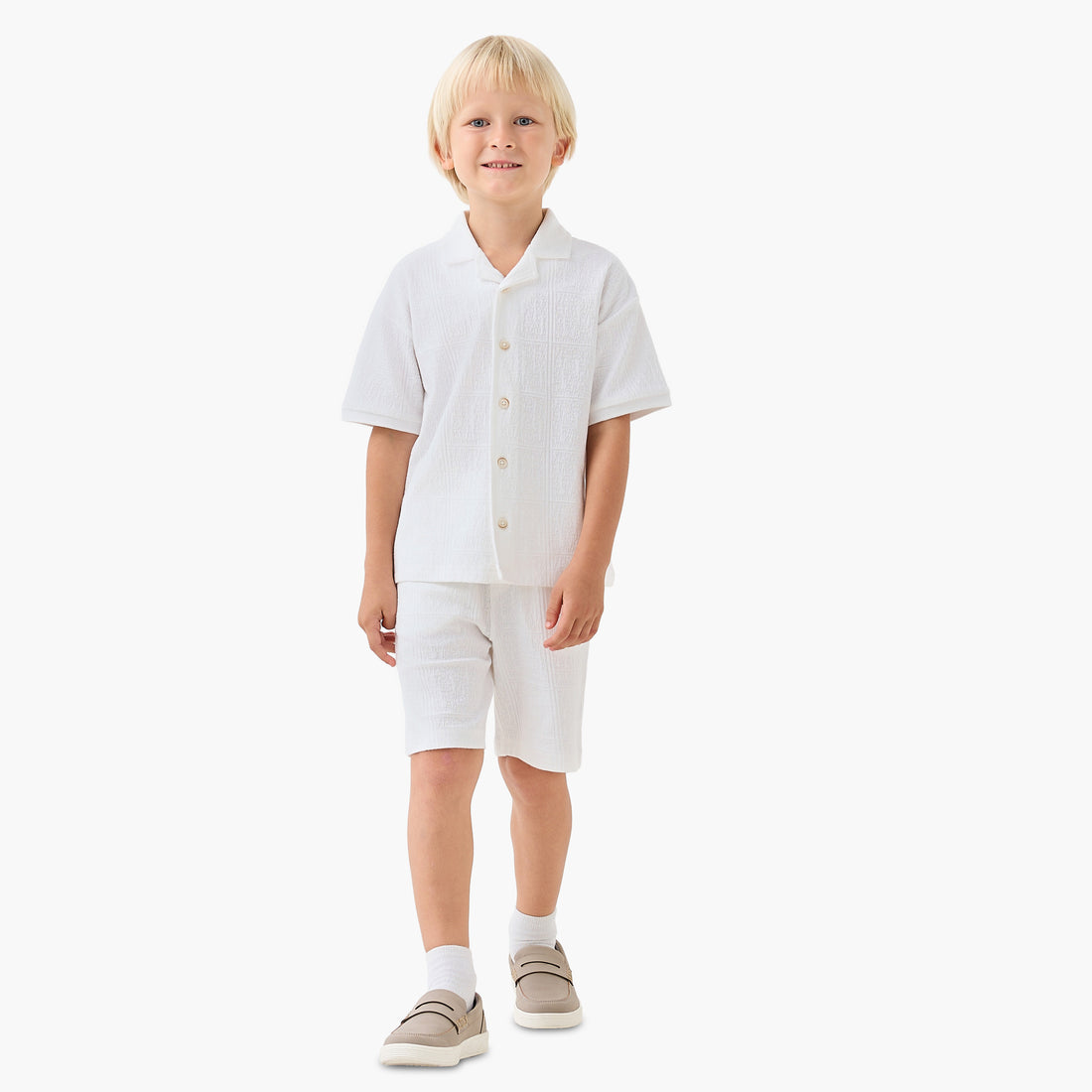 Juniors Boys Shirt and Shorts Set with Textured Design - Cotton - Short Sleeves - Collar - White / 1-2 yrs