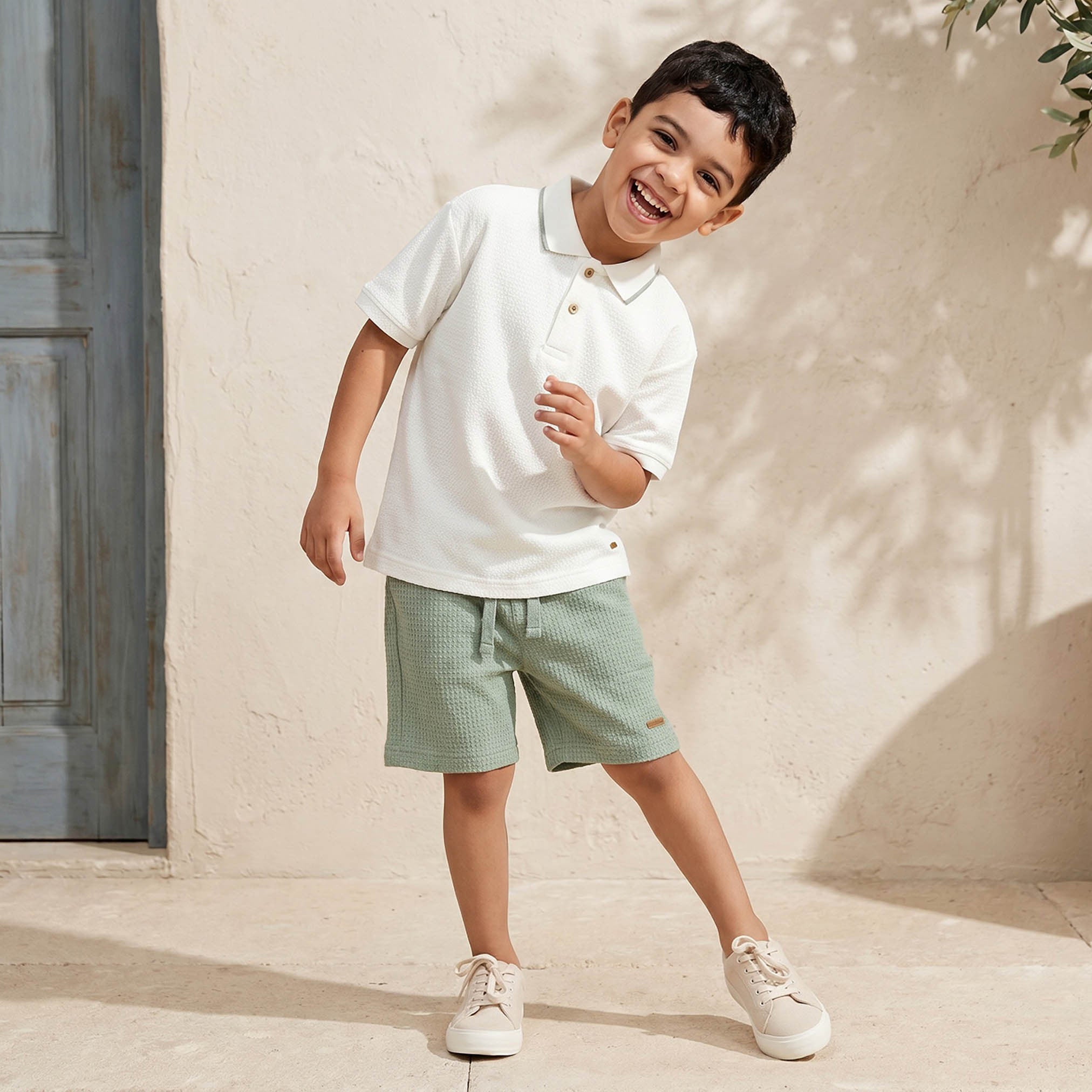 Eligo Collared Short Sleeves Polo T-shirt and Shorts Set with Waffle Textured Design - Cream / 5-6 yrs