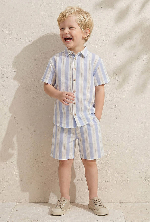 Collared Short Sleeves Shirt and Shorts Set with Stripes