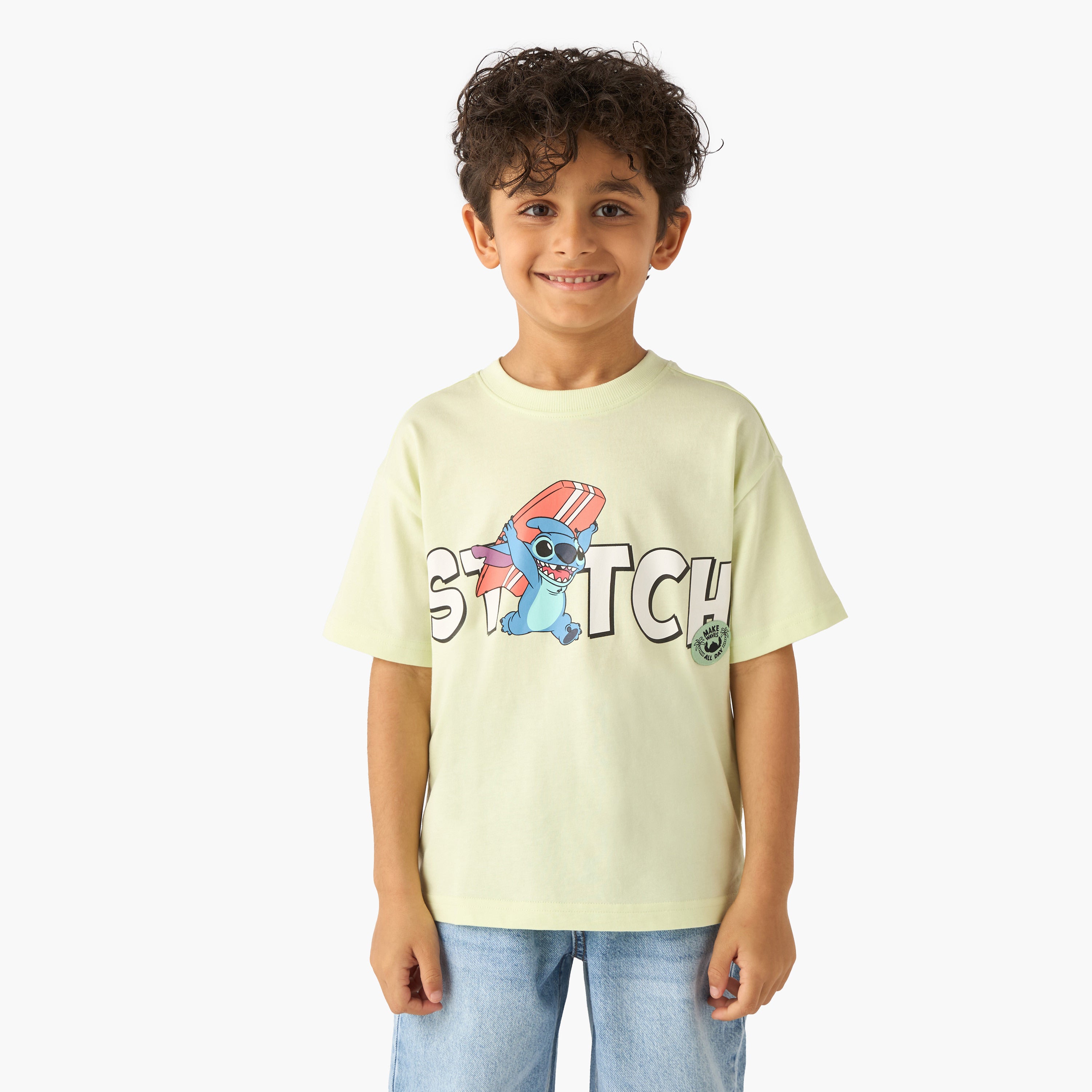 Disney Crew Neck Short Sleeves T-shirt with Stitch Print