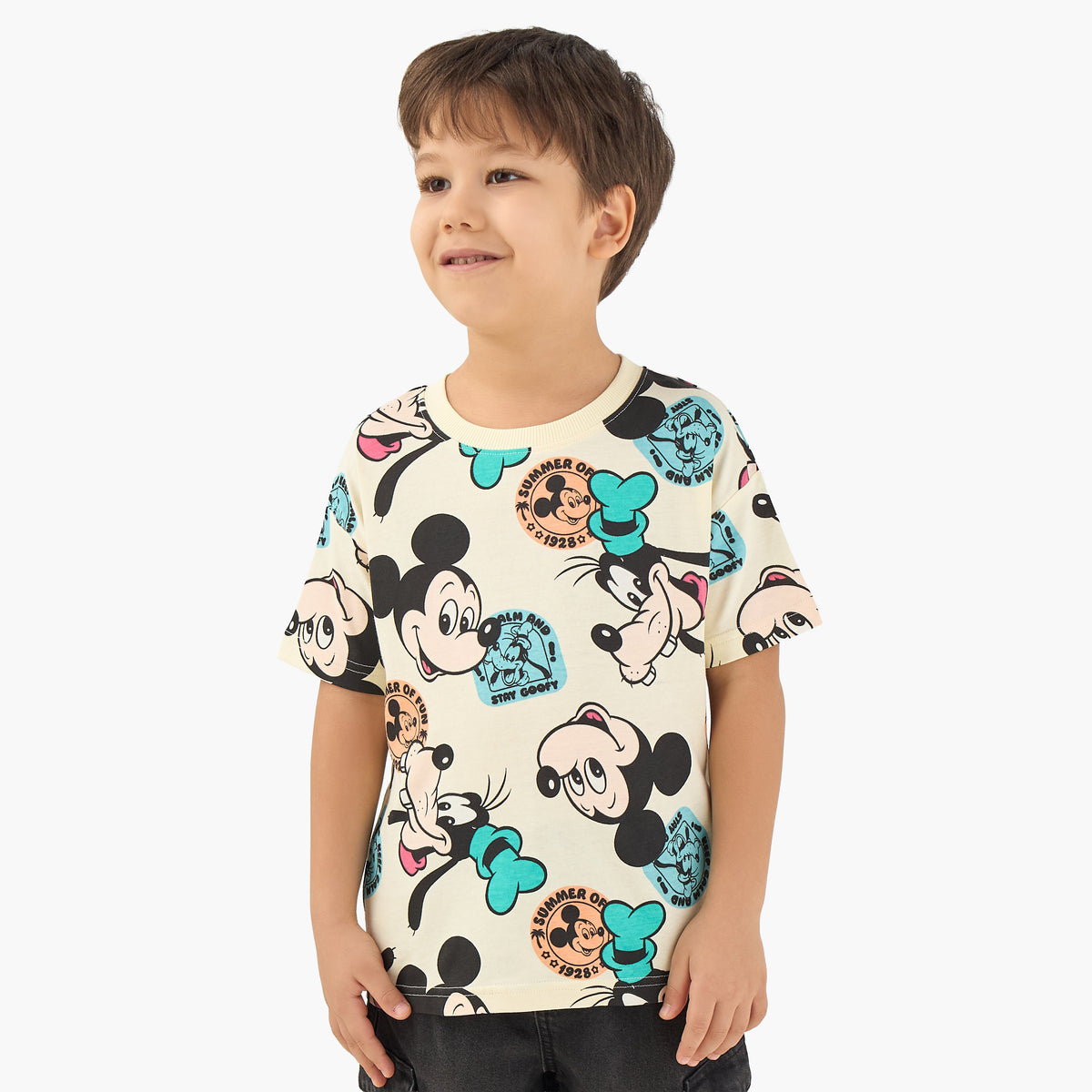 Disney Crew Neck Short Sleeves T-shirt with Mickey Mouse and Friends Print