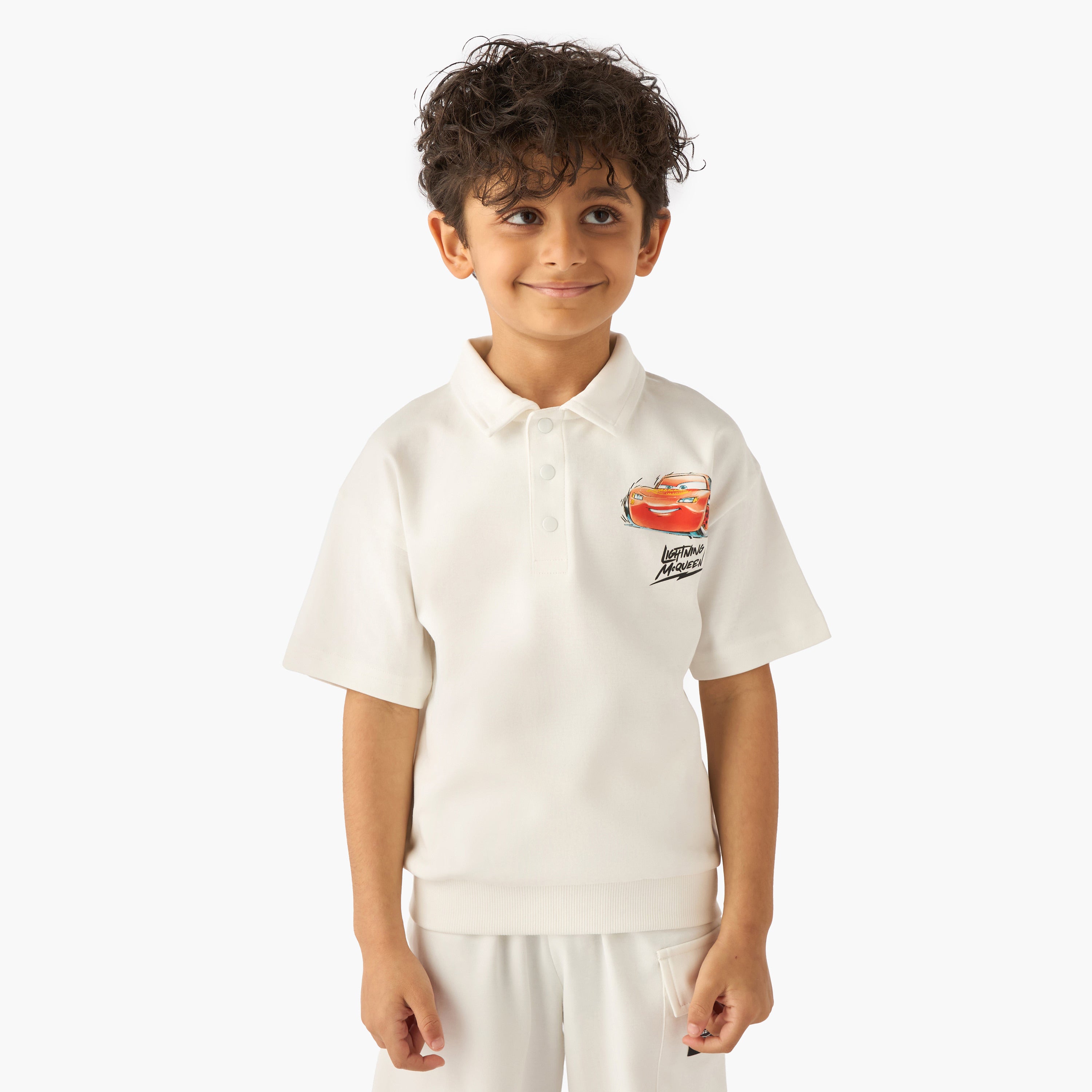 Disney Collared Short Sleeve Polo T-shirt and Shorts Set with Lightning McQueen Print