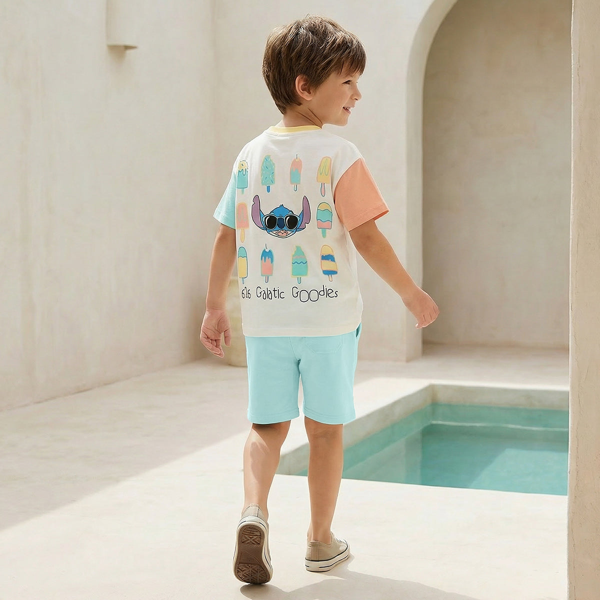 Disney Crew Neck Short Sleeve T-shirt and Shorts Set with Stitch Print