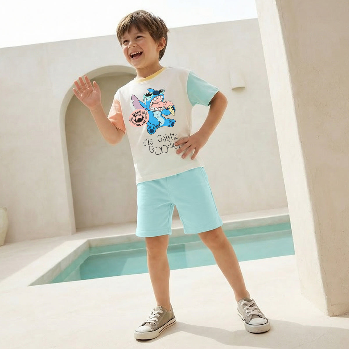 Disney Crew Neck Short Sleeve T-shirt and Shorts Set with Stitch Print